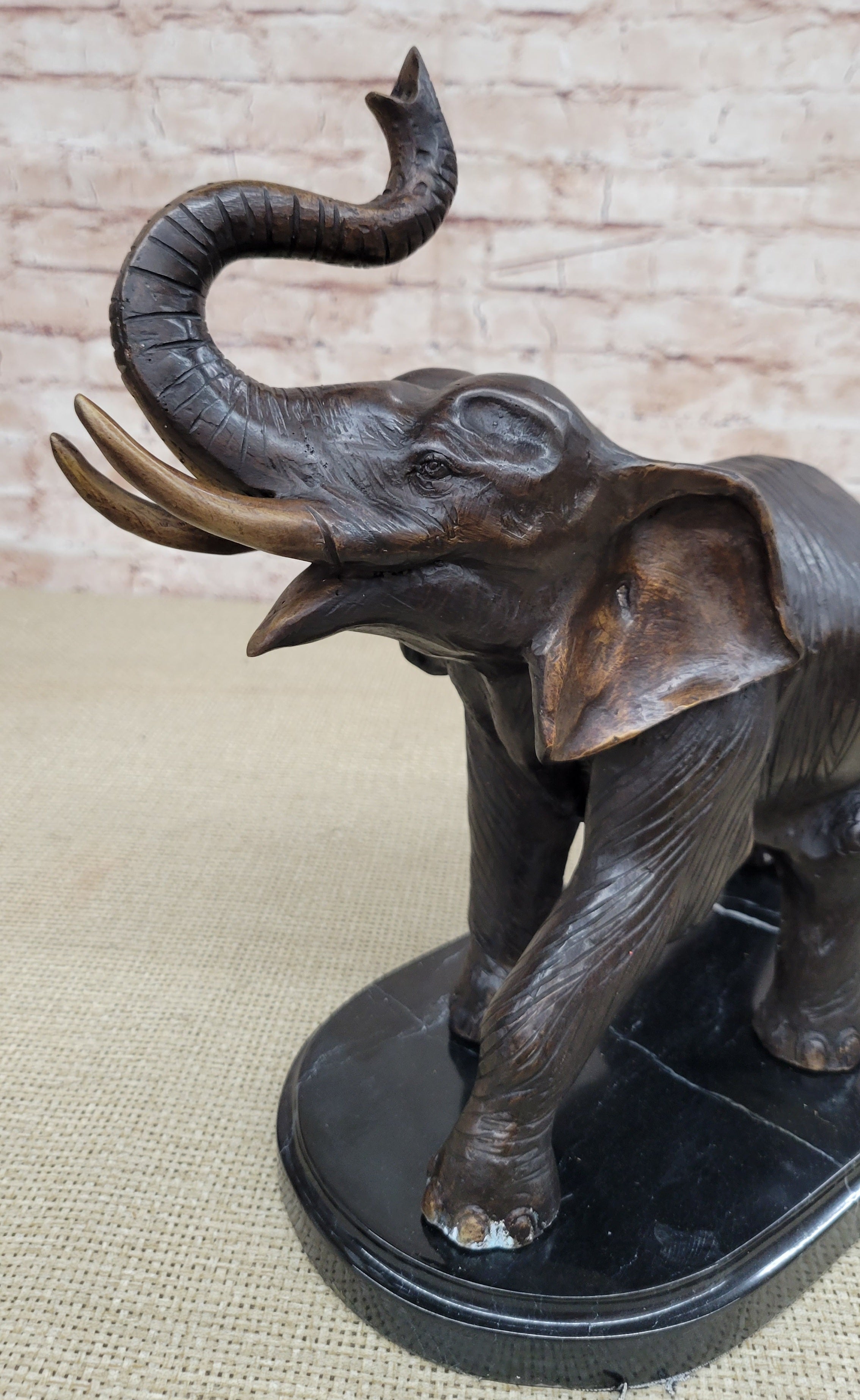 Handmade Bronze Elephant Sculpture Statue Collectible Marble Base Signed Moigniez 13" x 16"