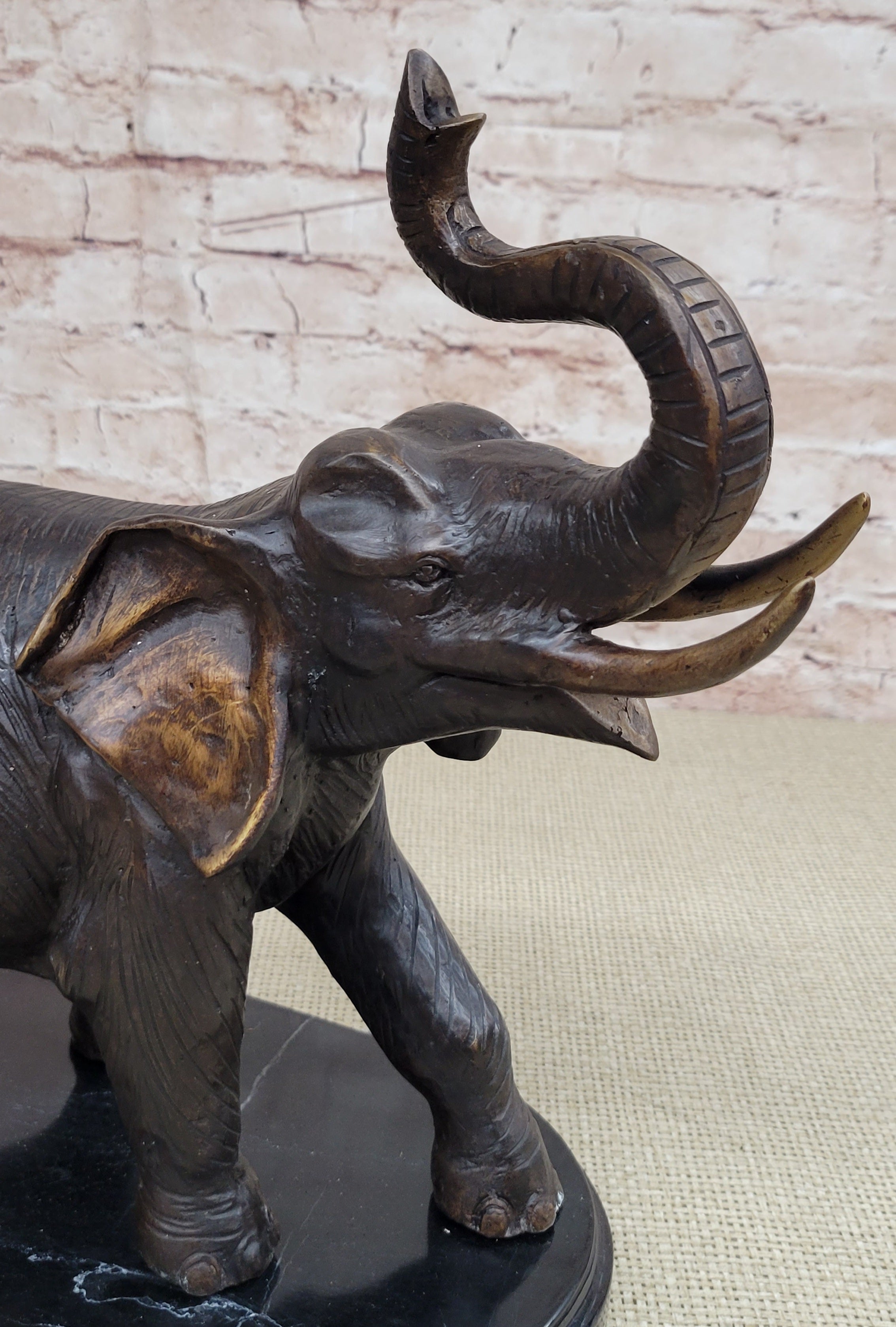 Handmade Bronze Elephant Sculpture Statue Collectible Marble Base Signed Moigniez 13" x 16"