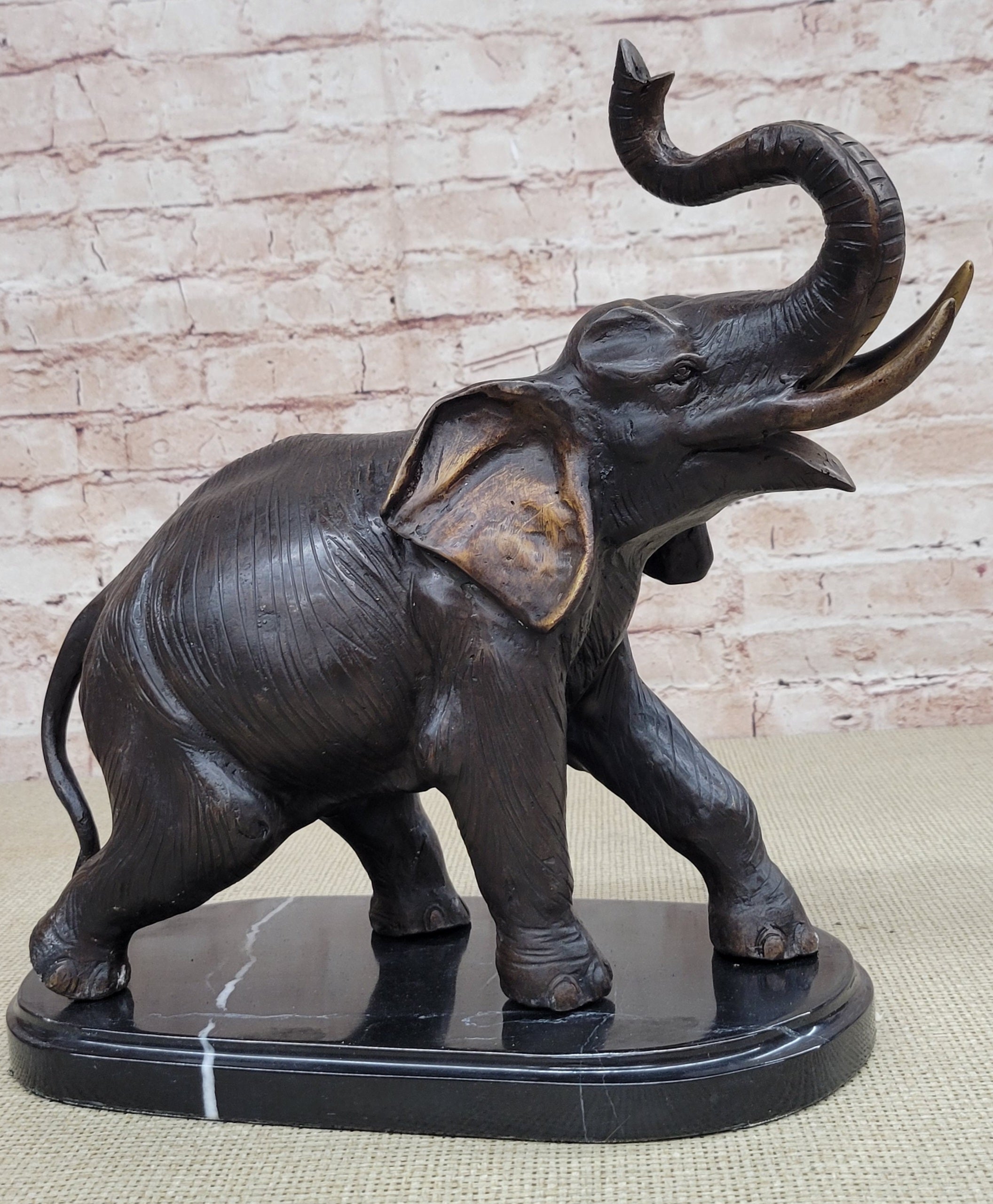 Handmade Bronze Elephant Sculpture Statue Collectible Marble Base Signed Moigniez 13" x 16"