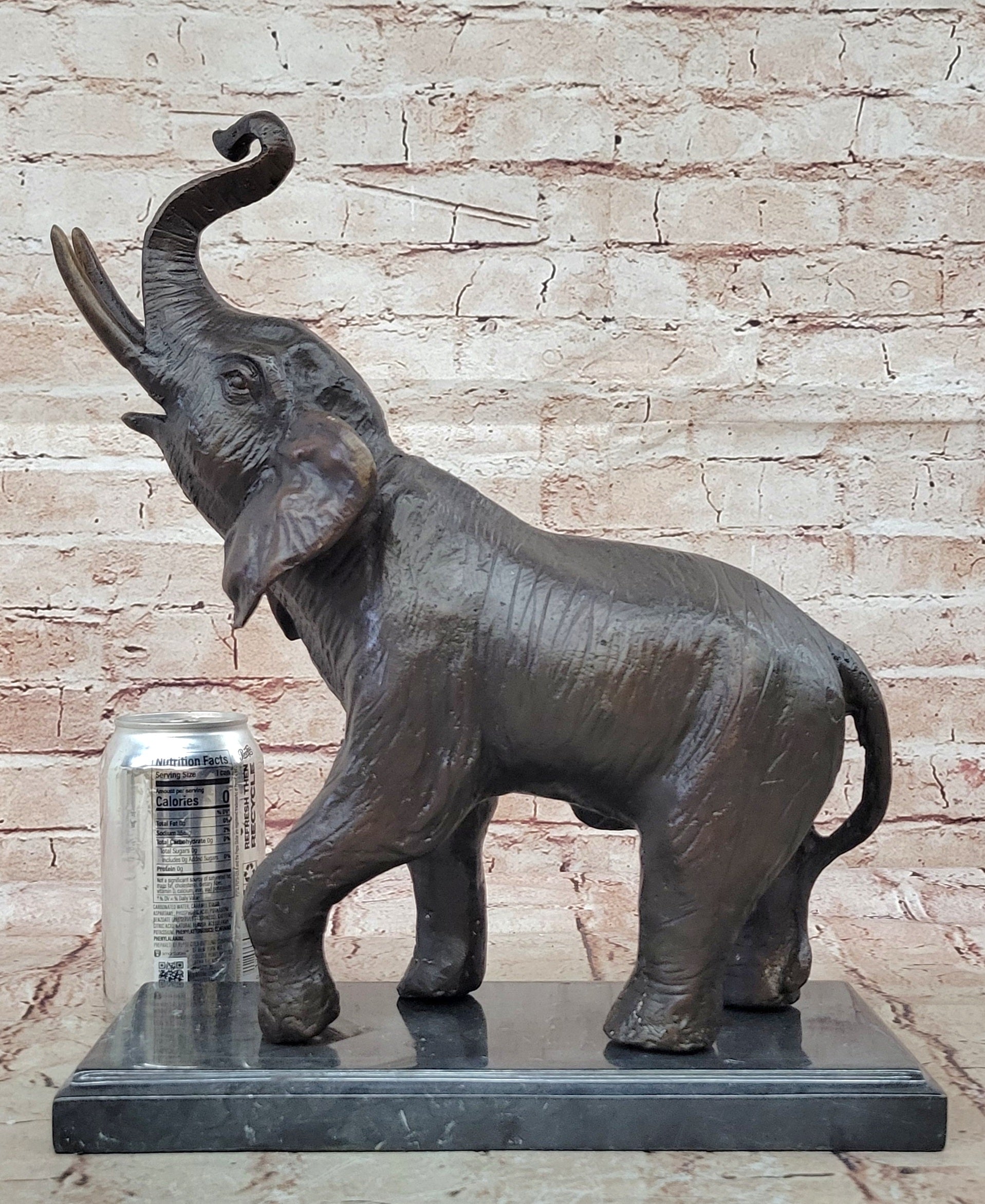 Trumpeting Happy Elephant Bronze Statue Sculpture Marble Base 16" x 10"