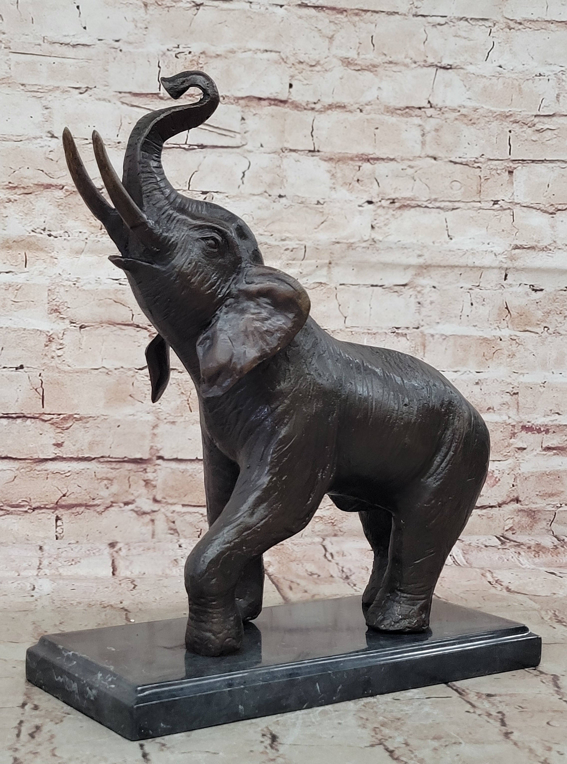Trumpeting Happy Elephant Bronze Statue Sculpture Marble Base 16" x 10"