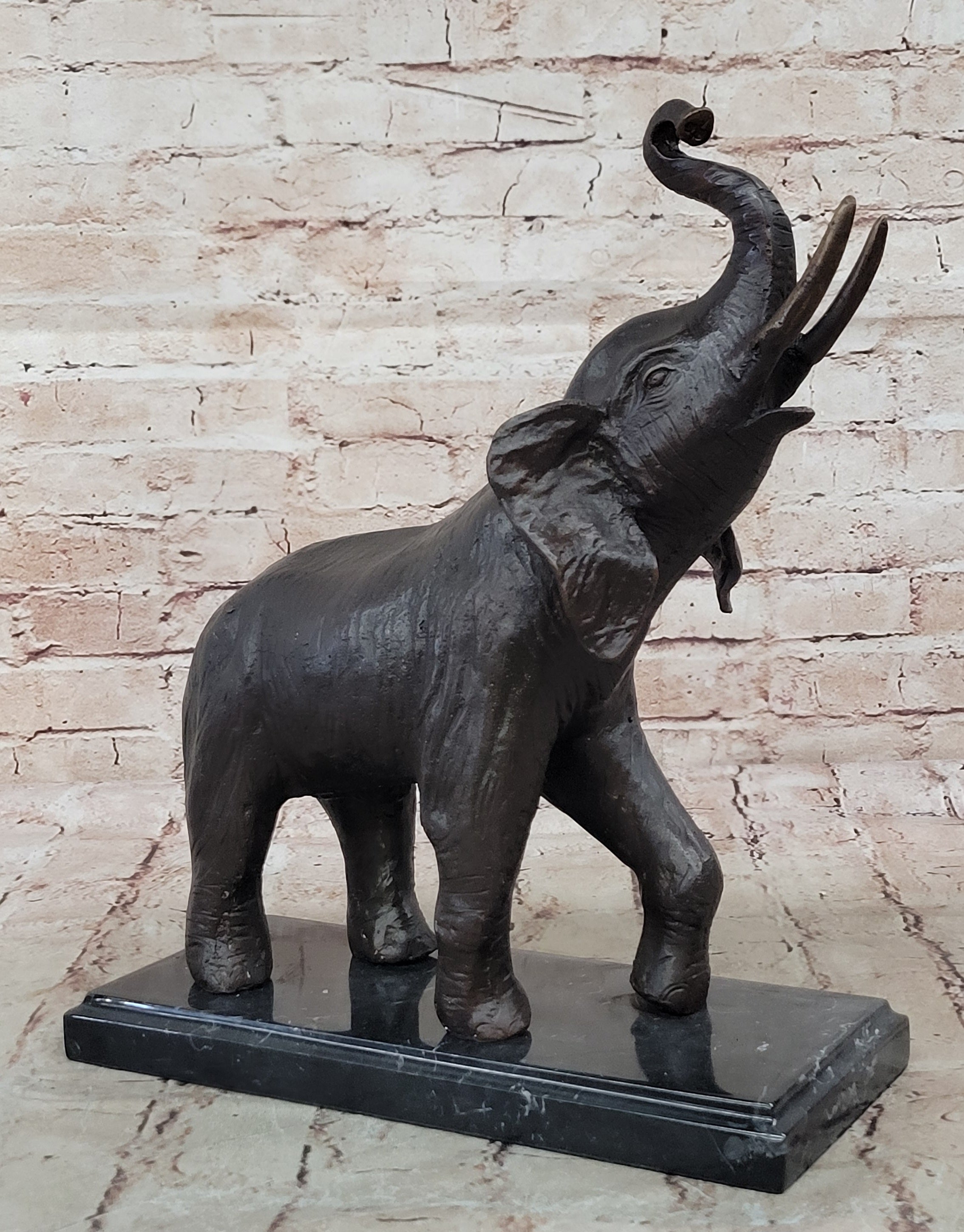 Trumpeting Happy Elephant Bronze Statue Sculpture Marble Base 16" x 10"