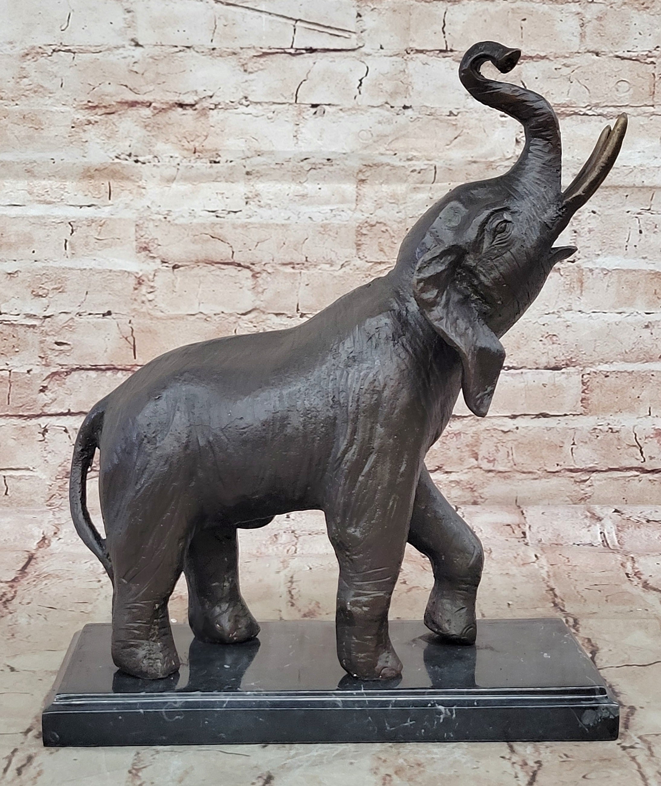 Trumpeting Happy Elephant Bronze Statue Sculpture Marble Base 16" x 10"