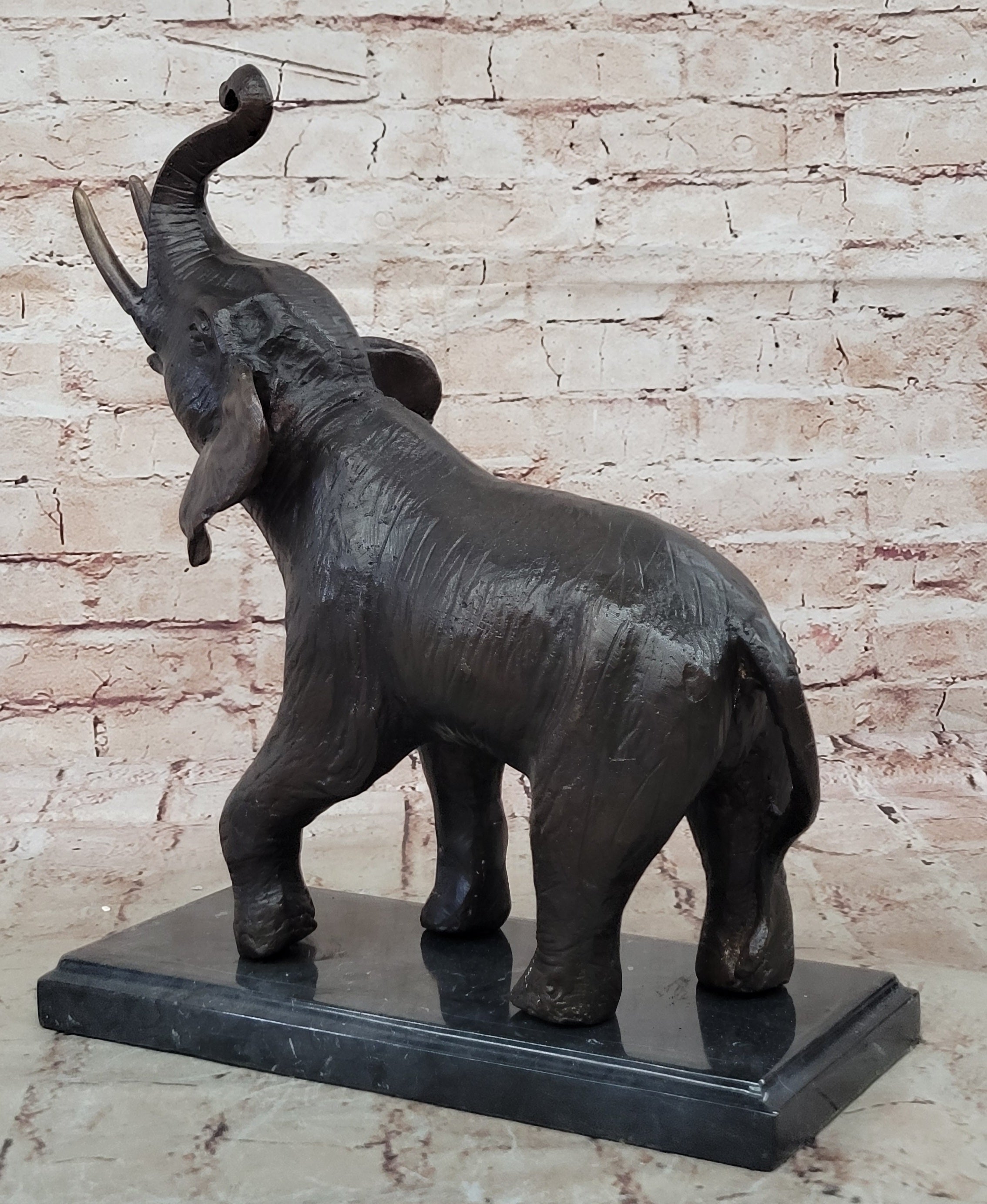 Trumpeting Happy Elephant Bronze Statue Sculpture Marble Base 16" x 10"