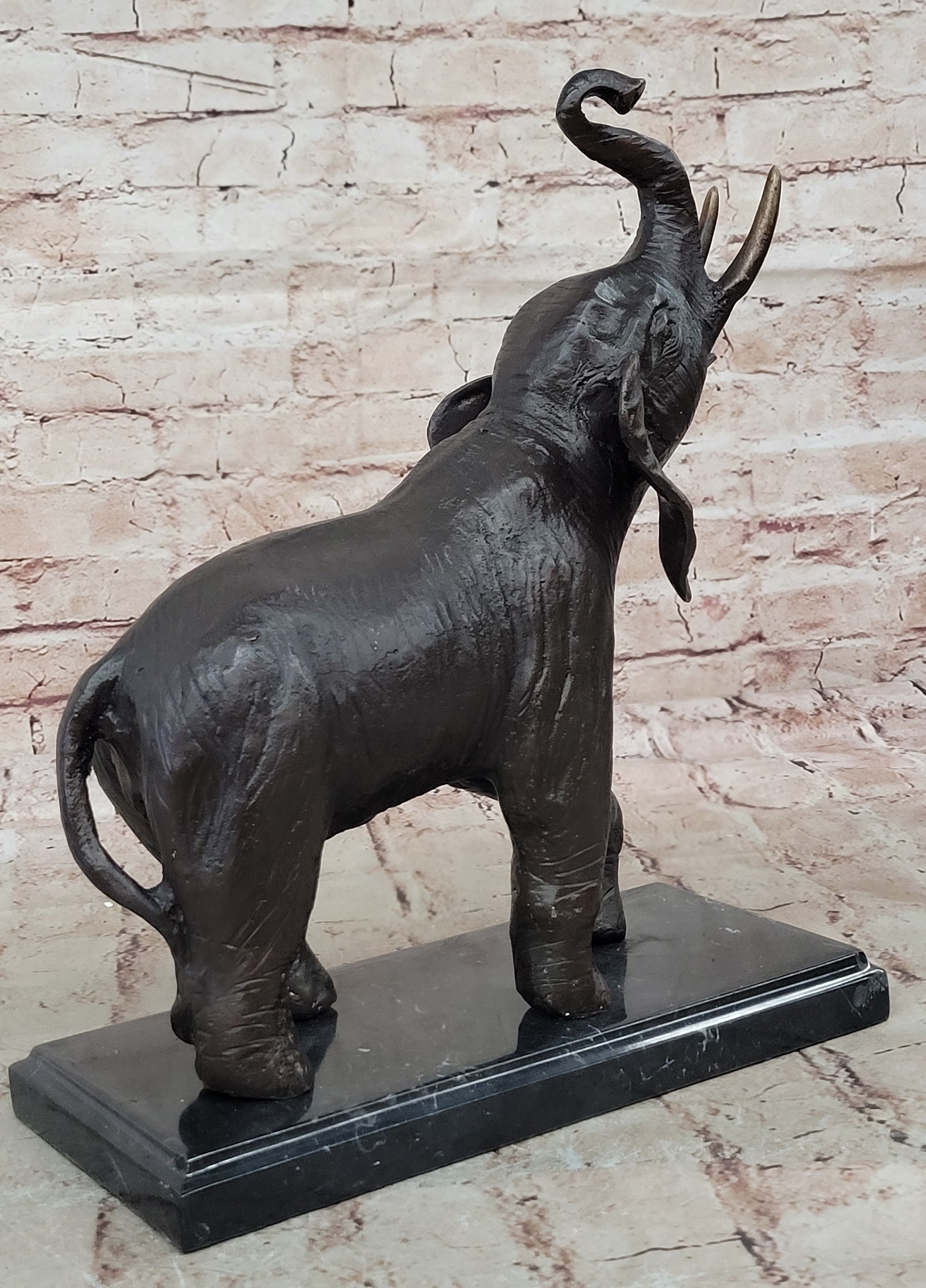 Trumpeting Happy Elephant Bronze Statue Sculpture Marble Base 16" x 10"