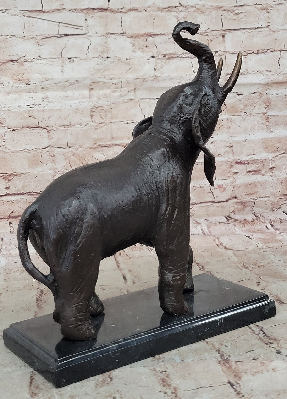 Trumpeting Happy Elephant Bronze Statue Sculpture Marble Base 16" x 10"