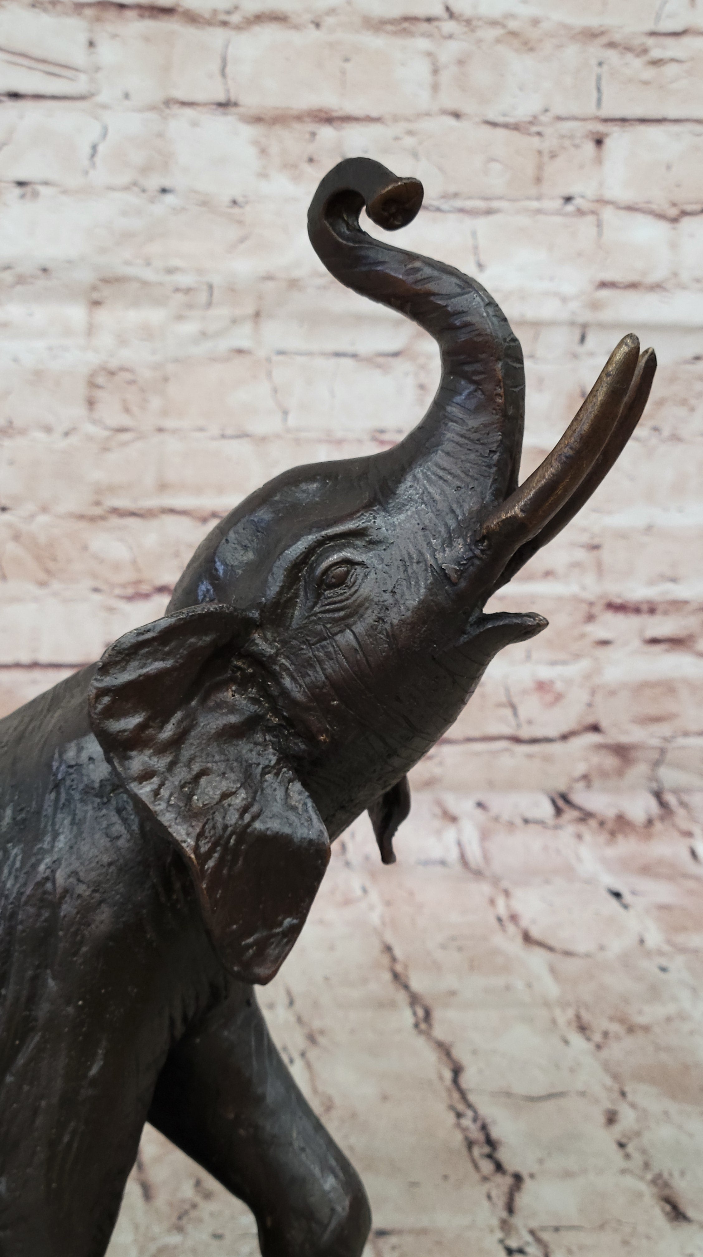 Trumpeting Happy Elephant Bronze Statue Sculpture Marble Base 16" x 10"