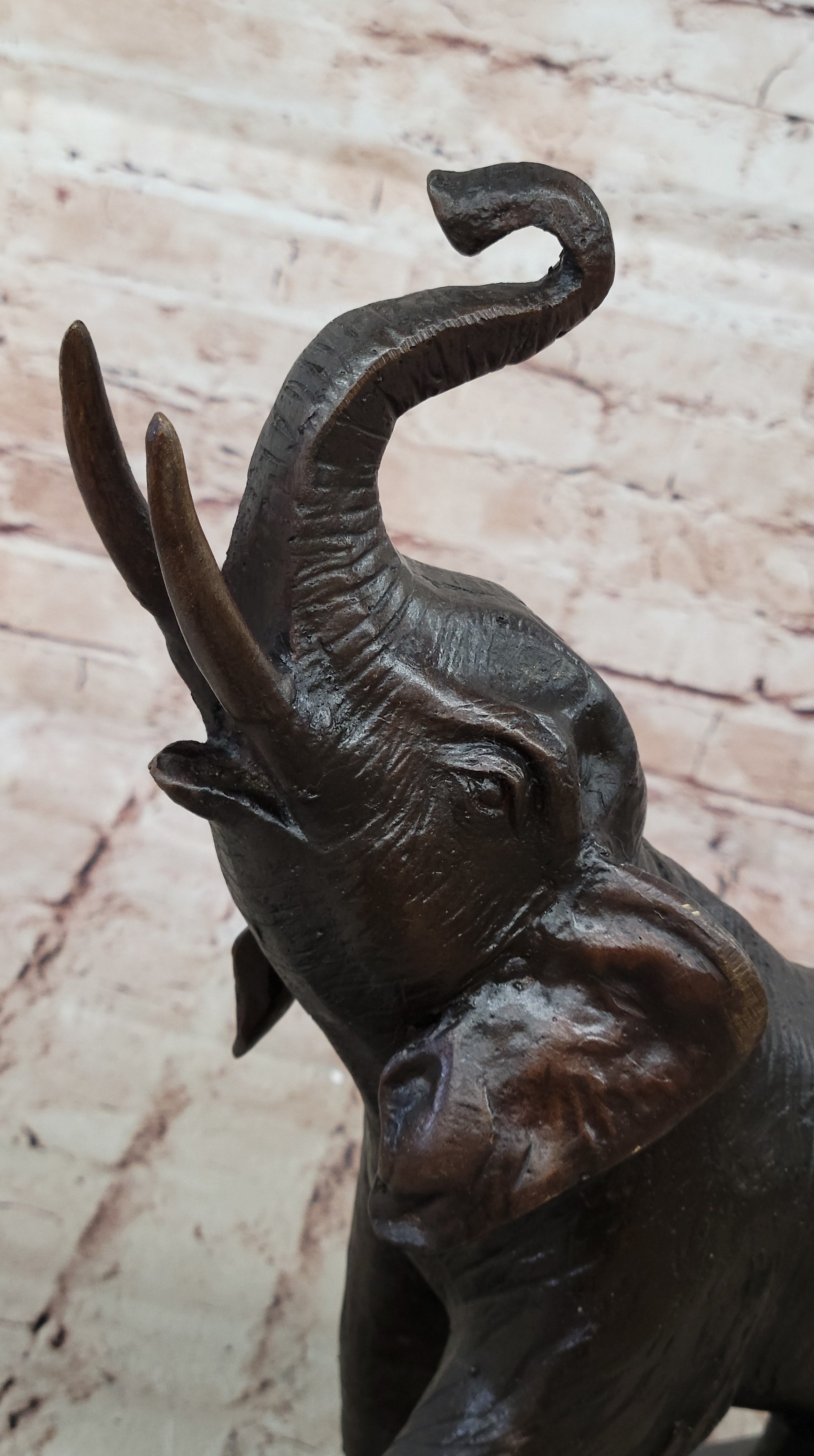 Trumpeting Happy Elephant Bronze Statue Sculpture Marble Base 16" x 10"