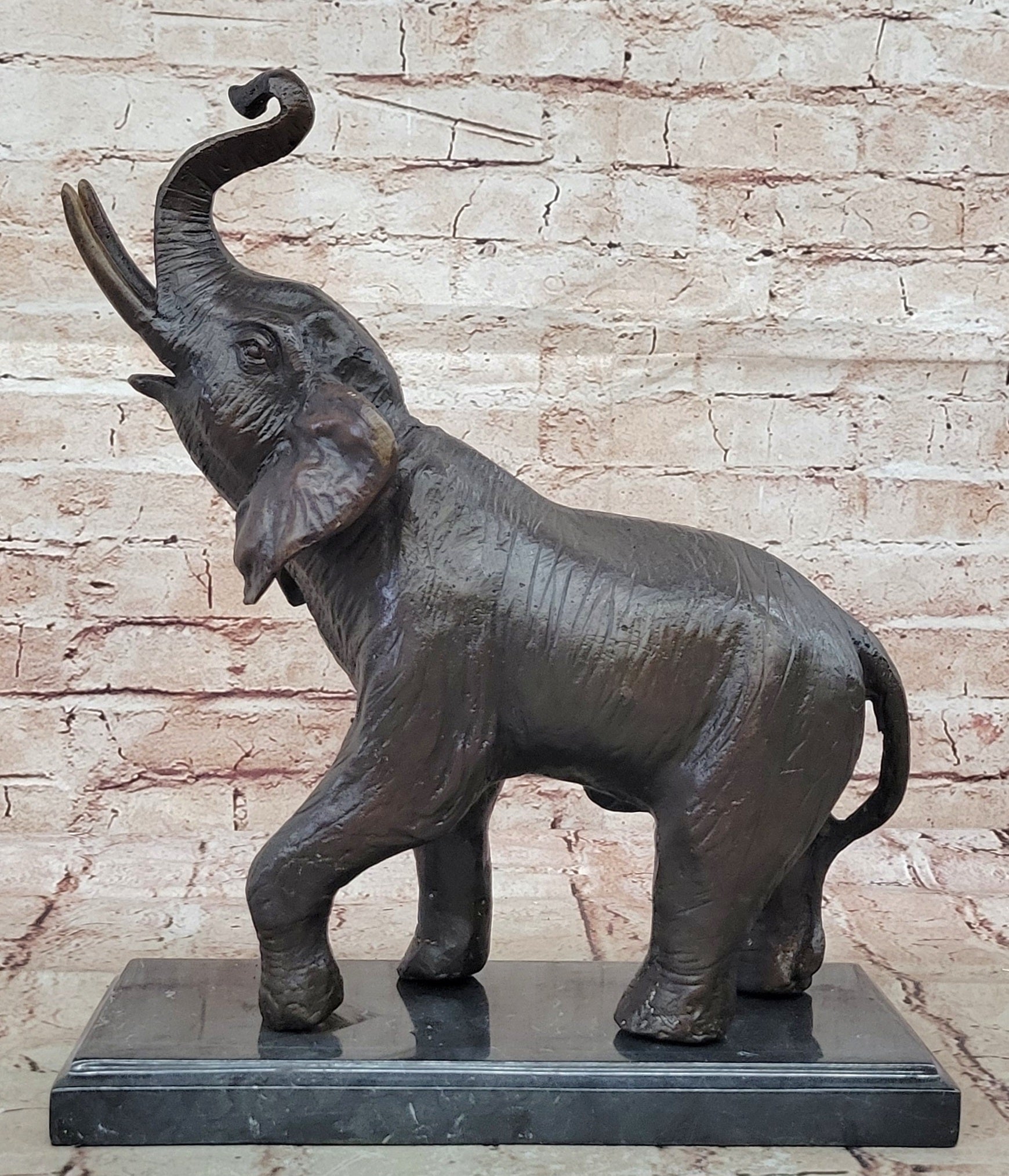 Trumpeting Happy Elephant Bronze Statue Sculpture Marble Base 16" x 10"