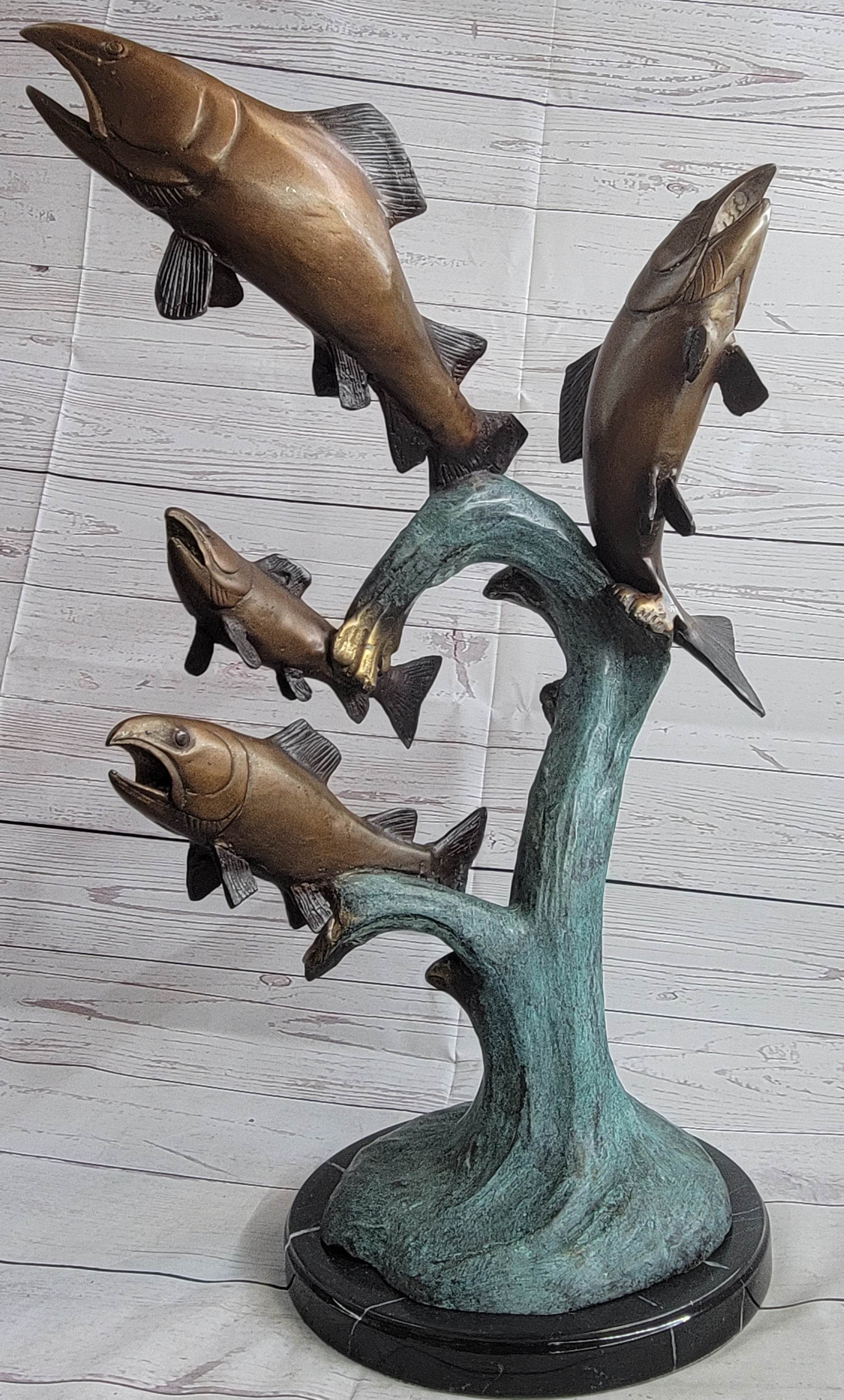 4 Fish Jumping Out of Water Bronze Metal Statue Sculpture Marine Decor 25" x 18"