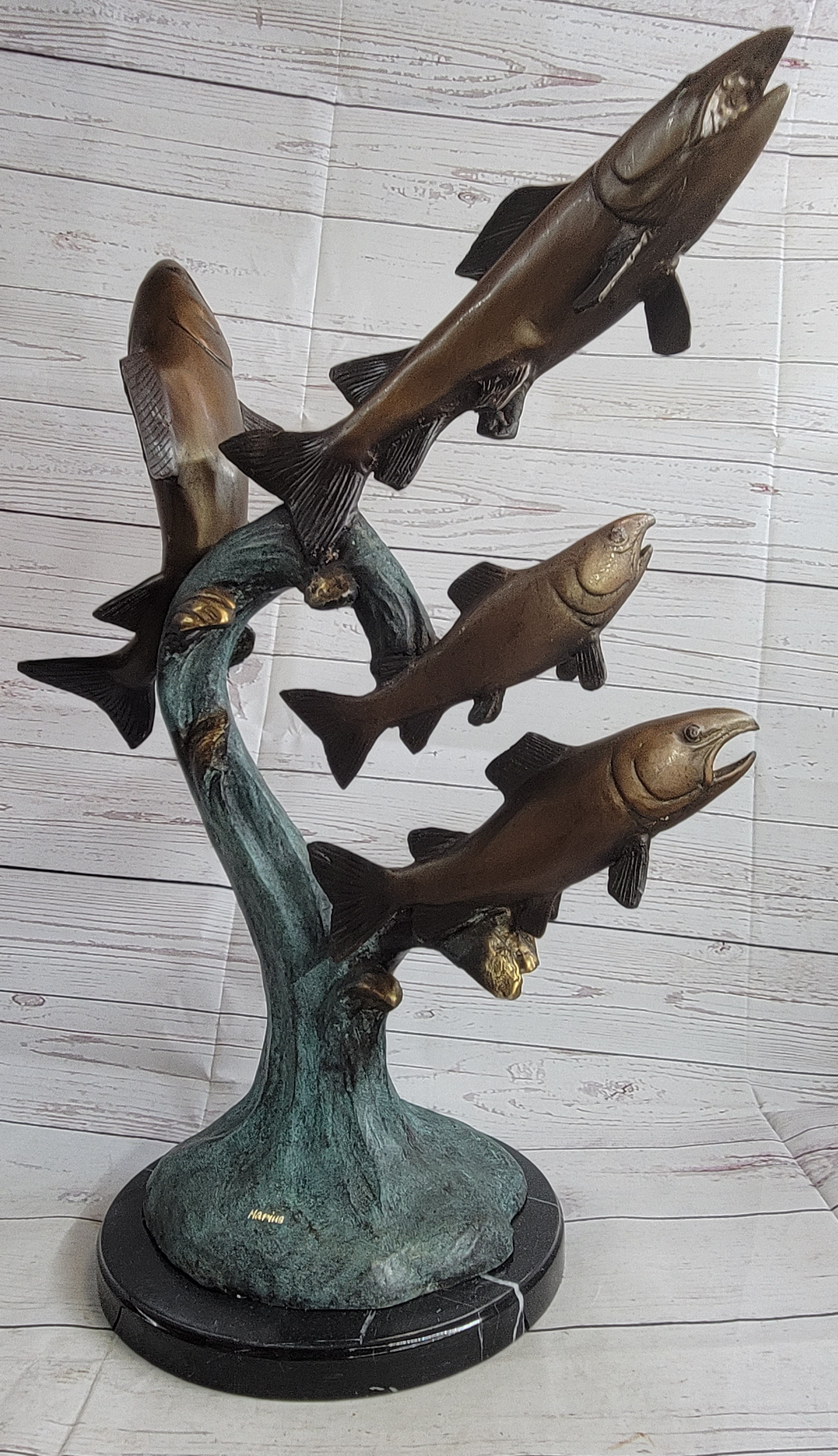 4 Fish Jumping Out of Water Bronze Metal Statue Sculpture Marine Decor 25" x 18"