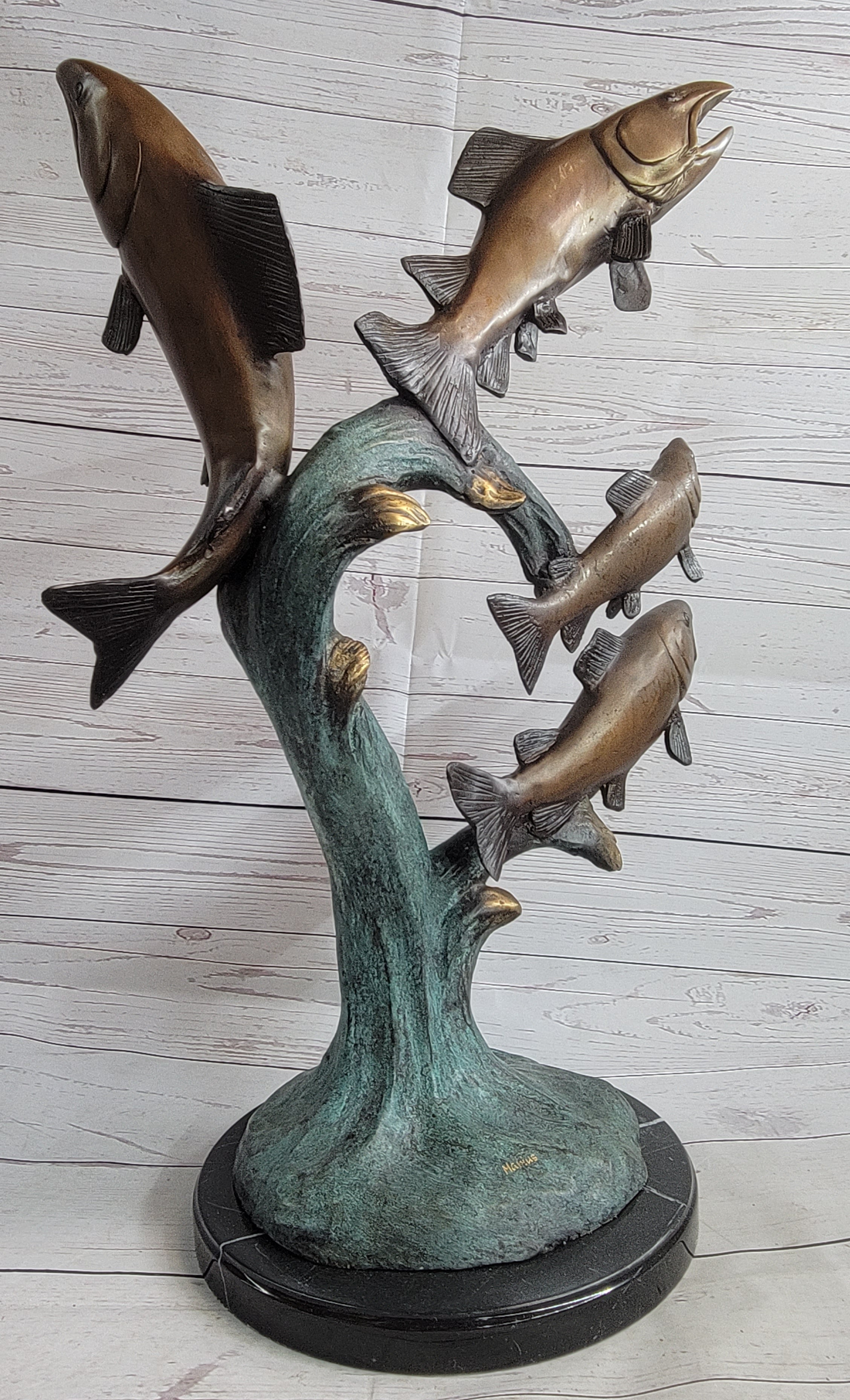 4 Fish Jumping Out of Water Bronze Metal Statue Sculpture Marine Decor 25" x 18"
