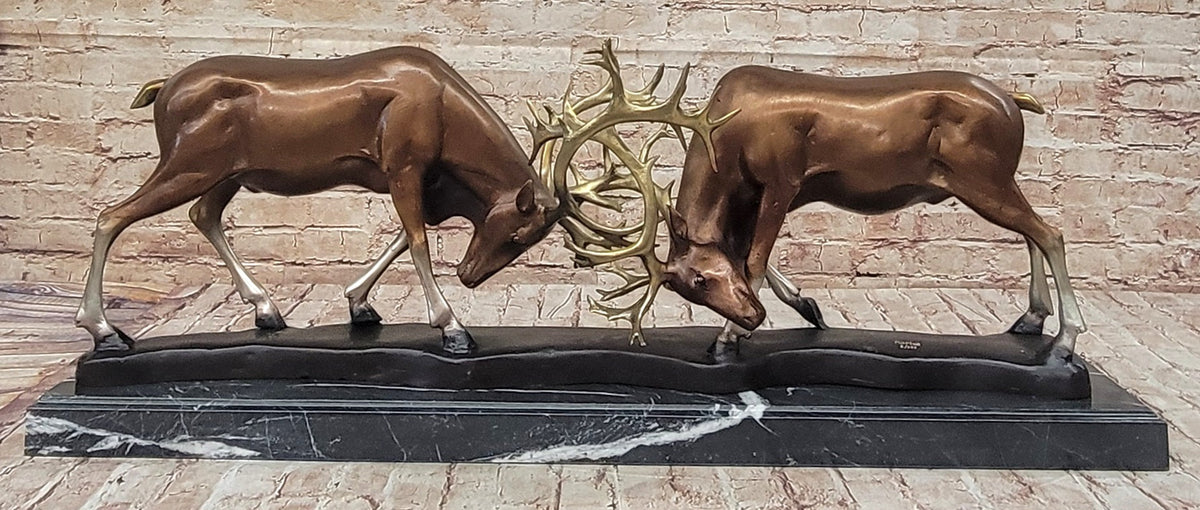 Limited Edition Signed and Numbered Two Stags Deer Fighting Bronze Sculpture