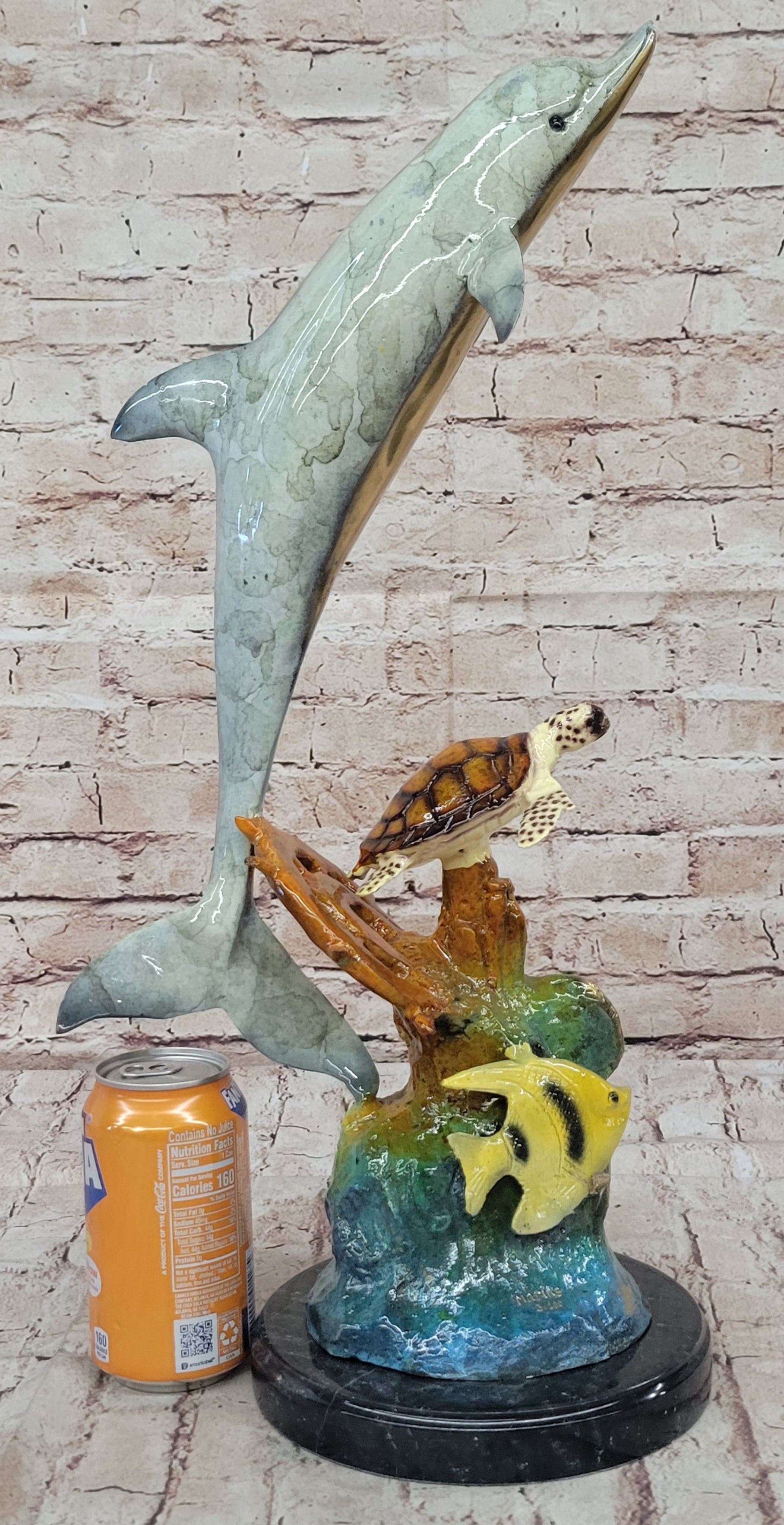 Dolphin Sea Turtle and Fish Colorful Bronze Metal Sculpture Statue Marine Decor Signed Numbered