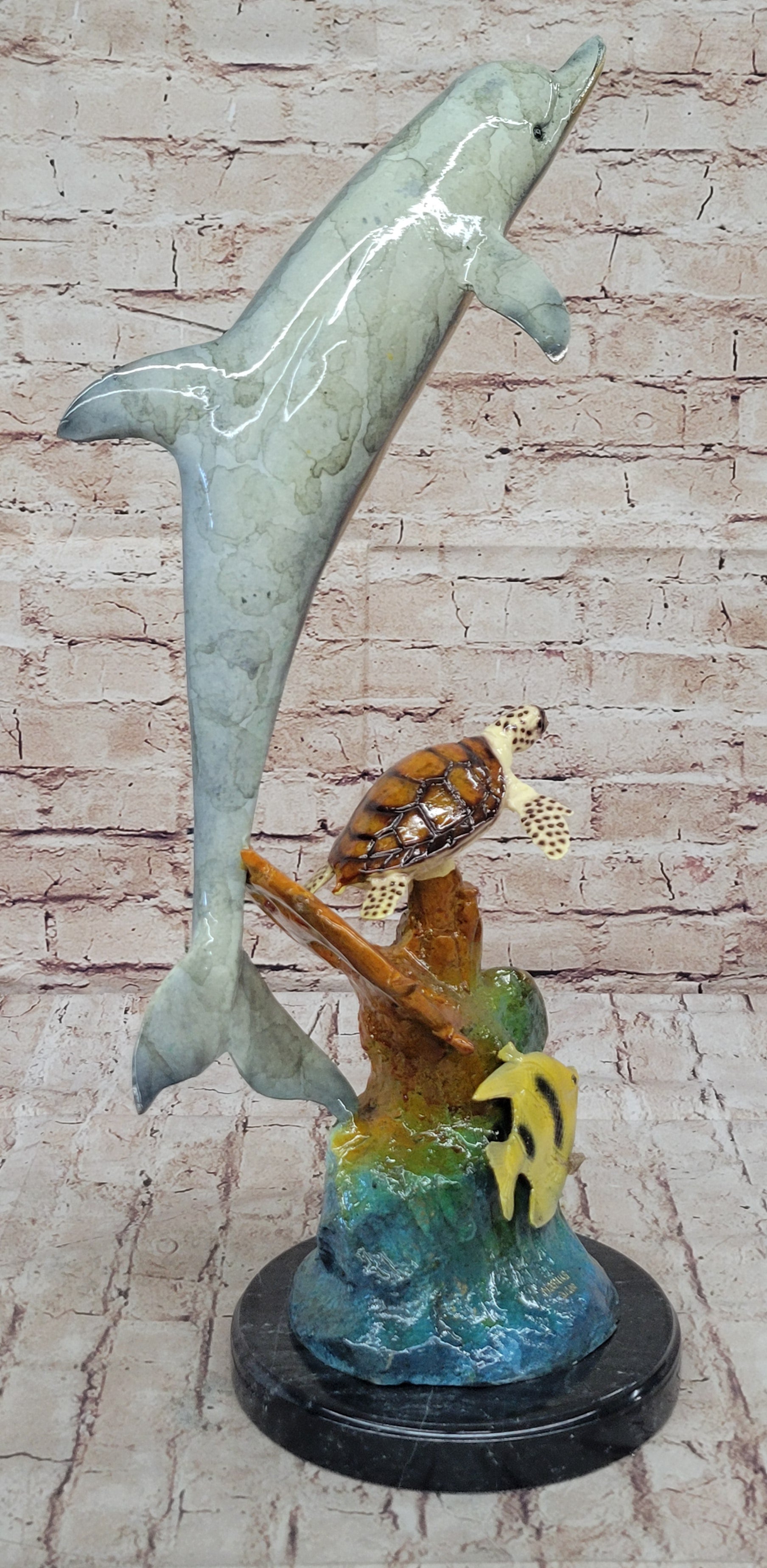 Dolphin Sea Turtle and Fish Colorful Bronze Metal Sculpture Statue Marine Decor Signed Numbered