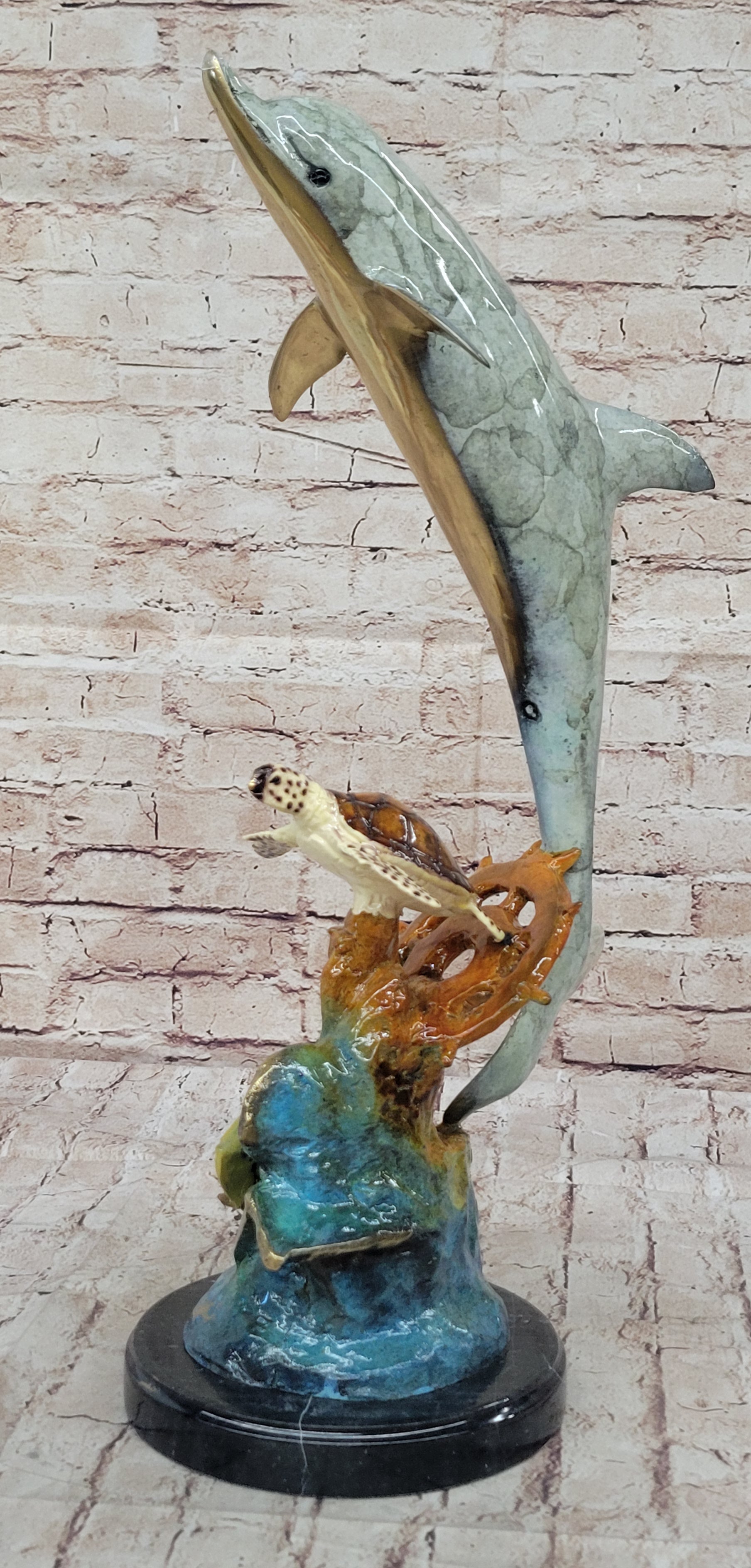 Dolphin Sea Turtle and Fish Colorful Bronze Metal Sculpture Statue Marine Decor Signed Numbered