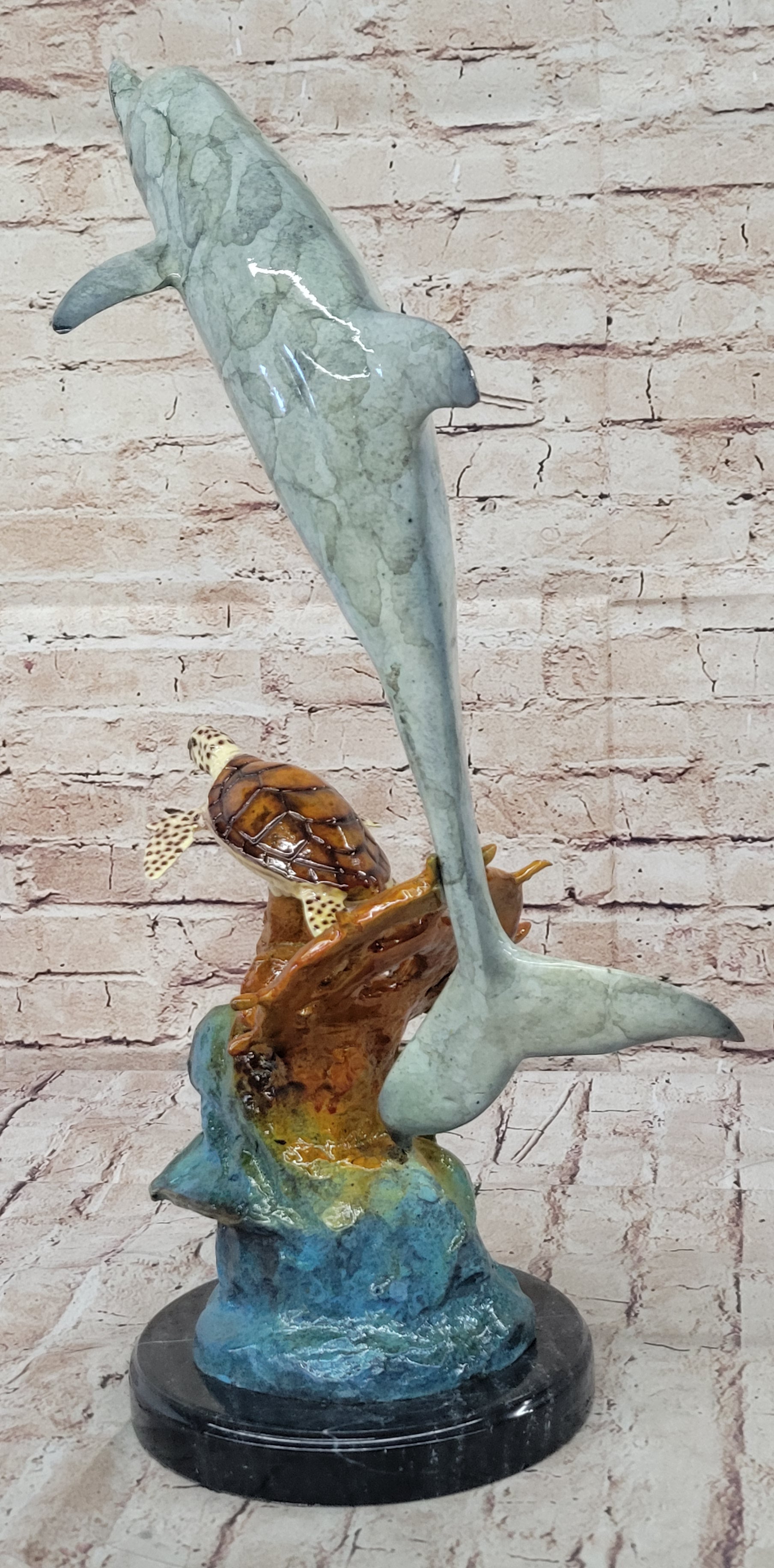 Dolphin Sea Turtle and Fish Colorful Bronze Metal Sculpture Statue Marine Decor Signed Numbered