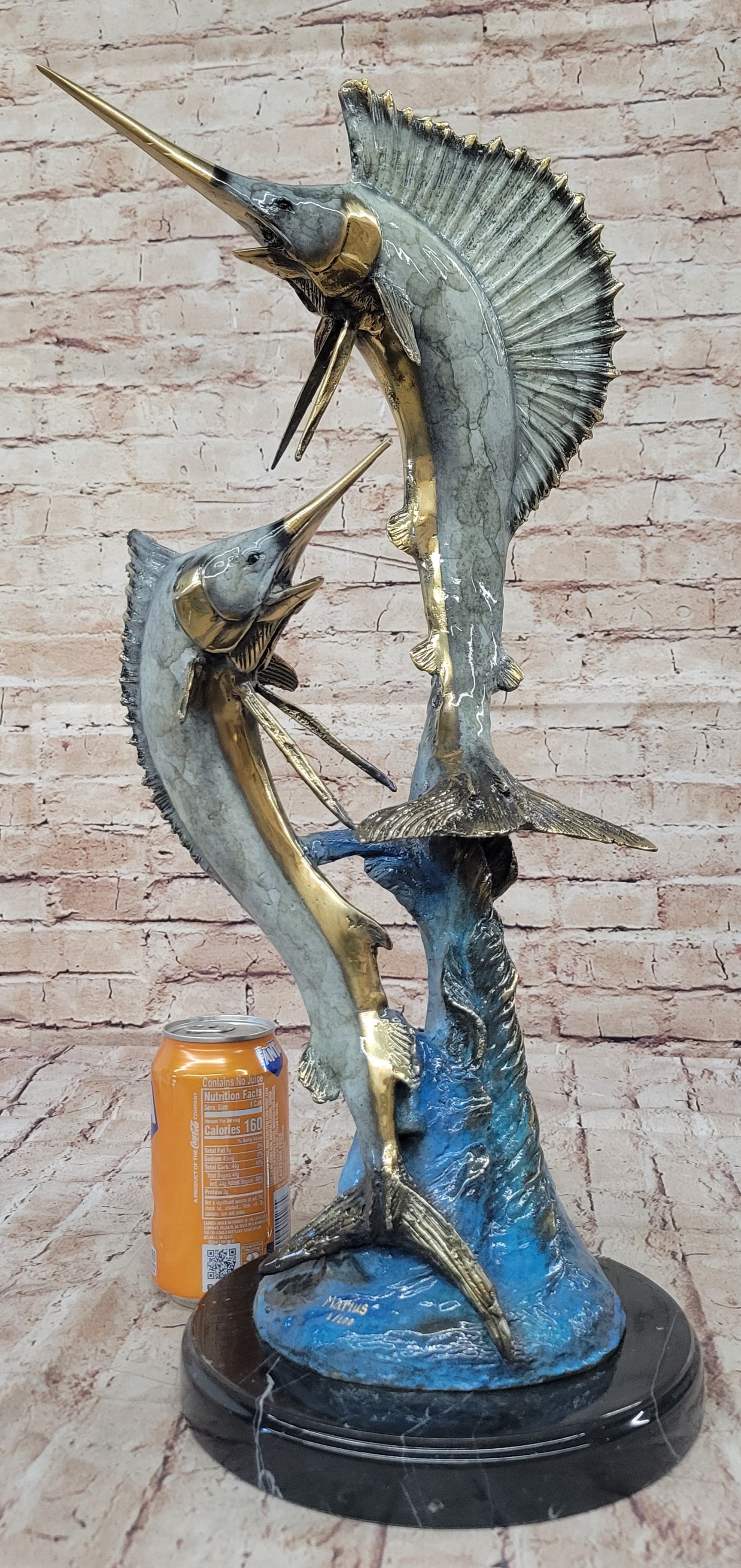 Real Bronze Metal Marlin Sailfish Swordfish Sculpture Statue Original Art on Marble Base