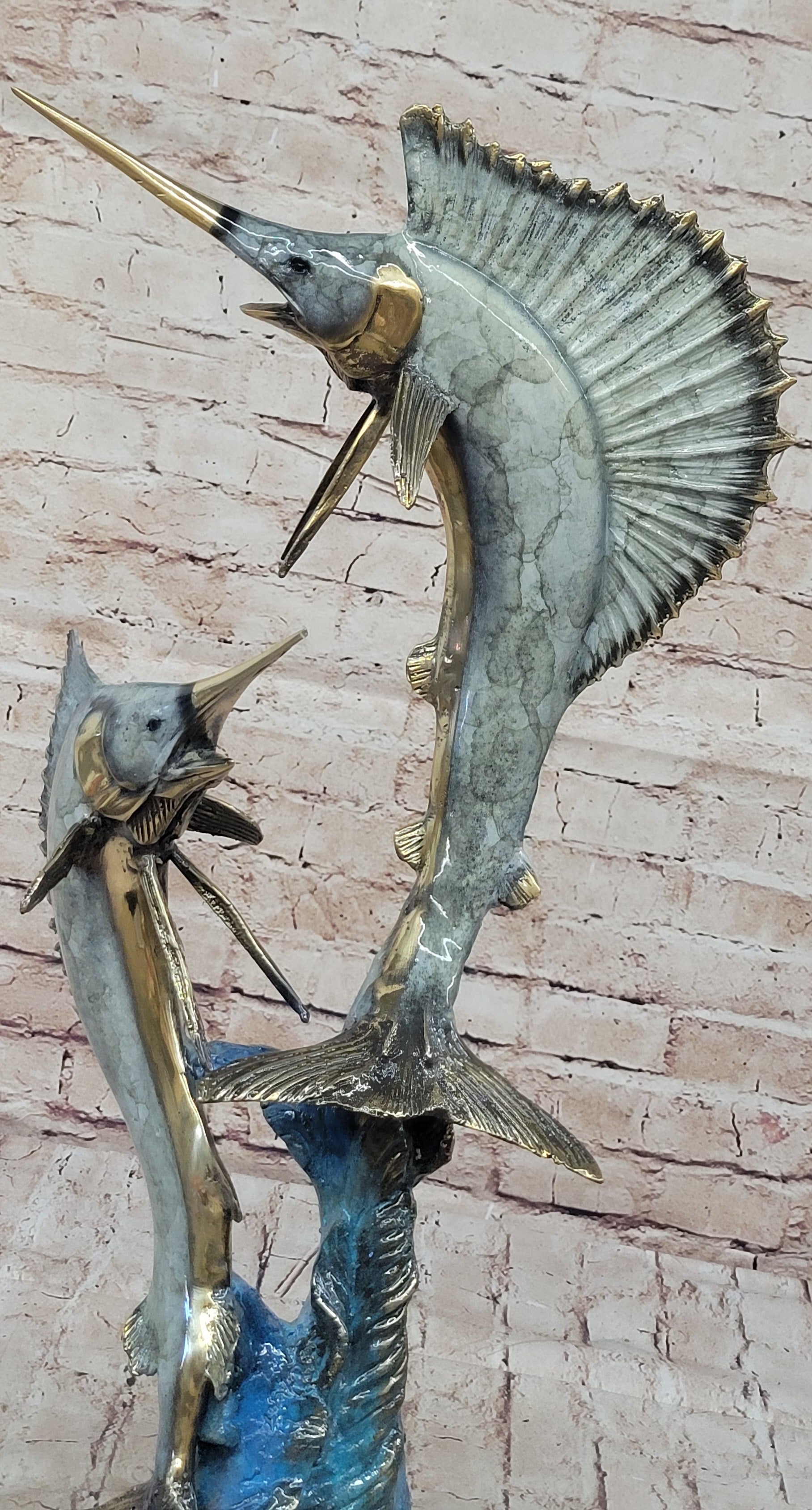 Real Bronze Metal Marlin Sailfish Swordfish Sculpture Statue Original Art on Marble Base