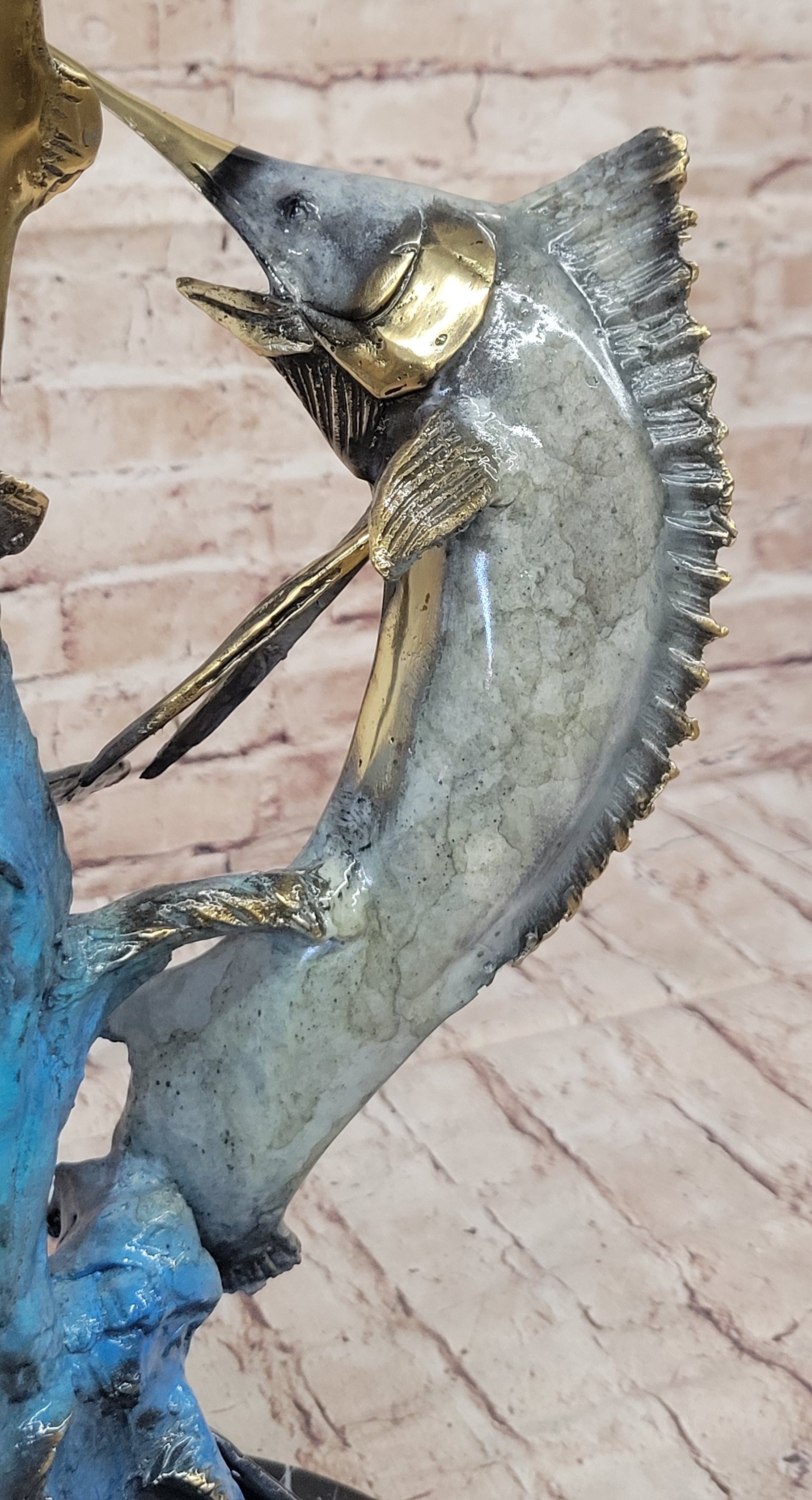 Real Bronze Metal Marlin Sailfish Swordfish Sculpture Statue Original Art on Marble Base