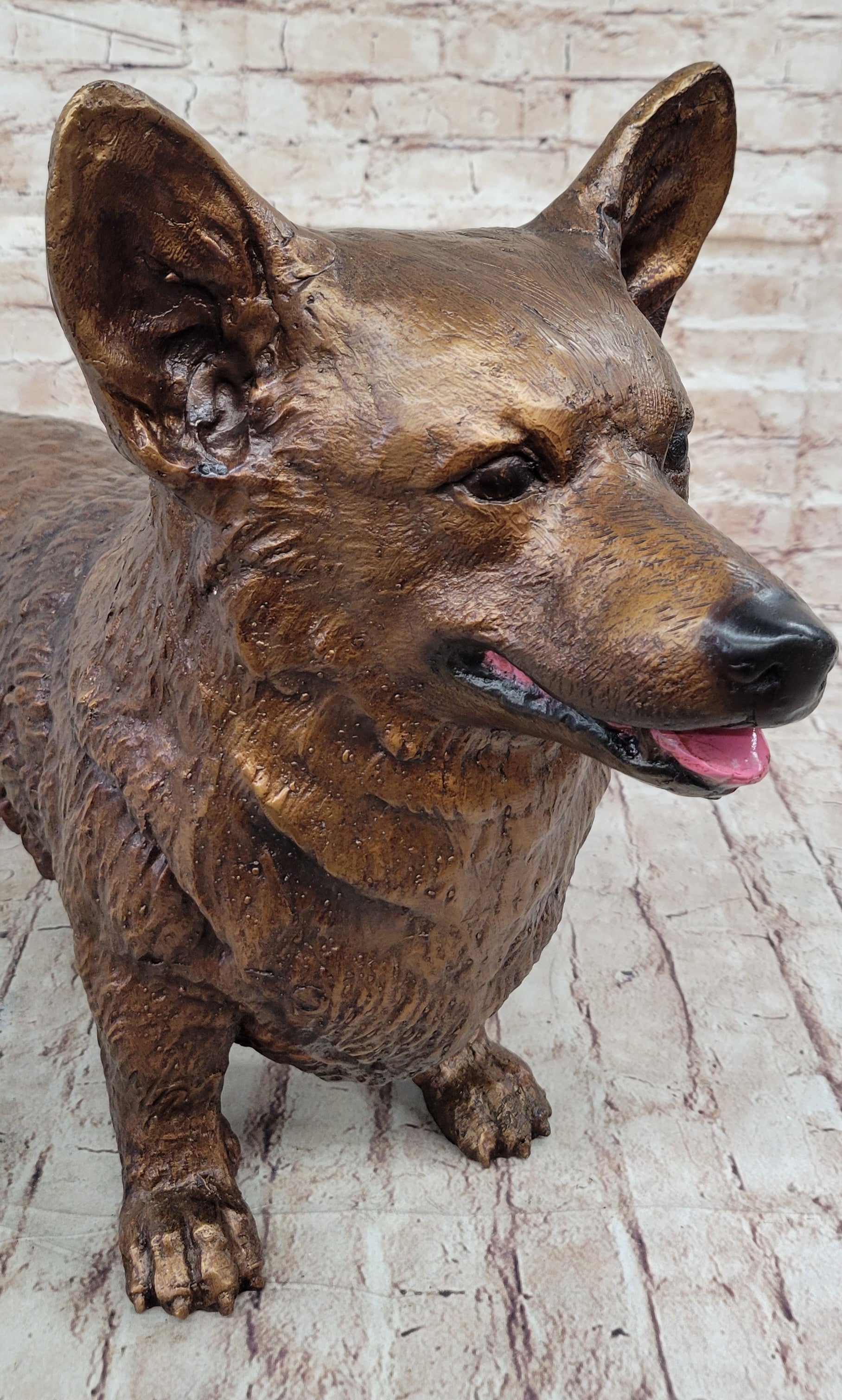Bronze Metal Corgi Dog Sculpture Statue Figurine Collectible Decor Signed Art