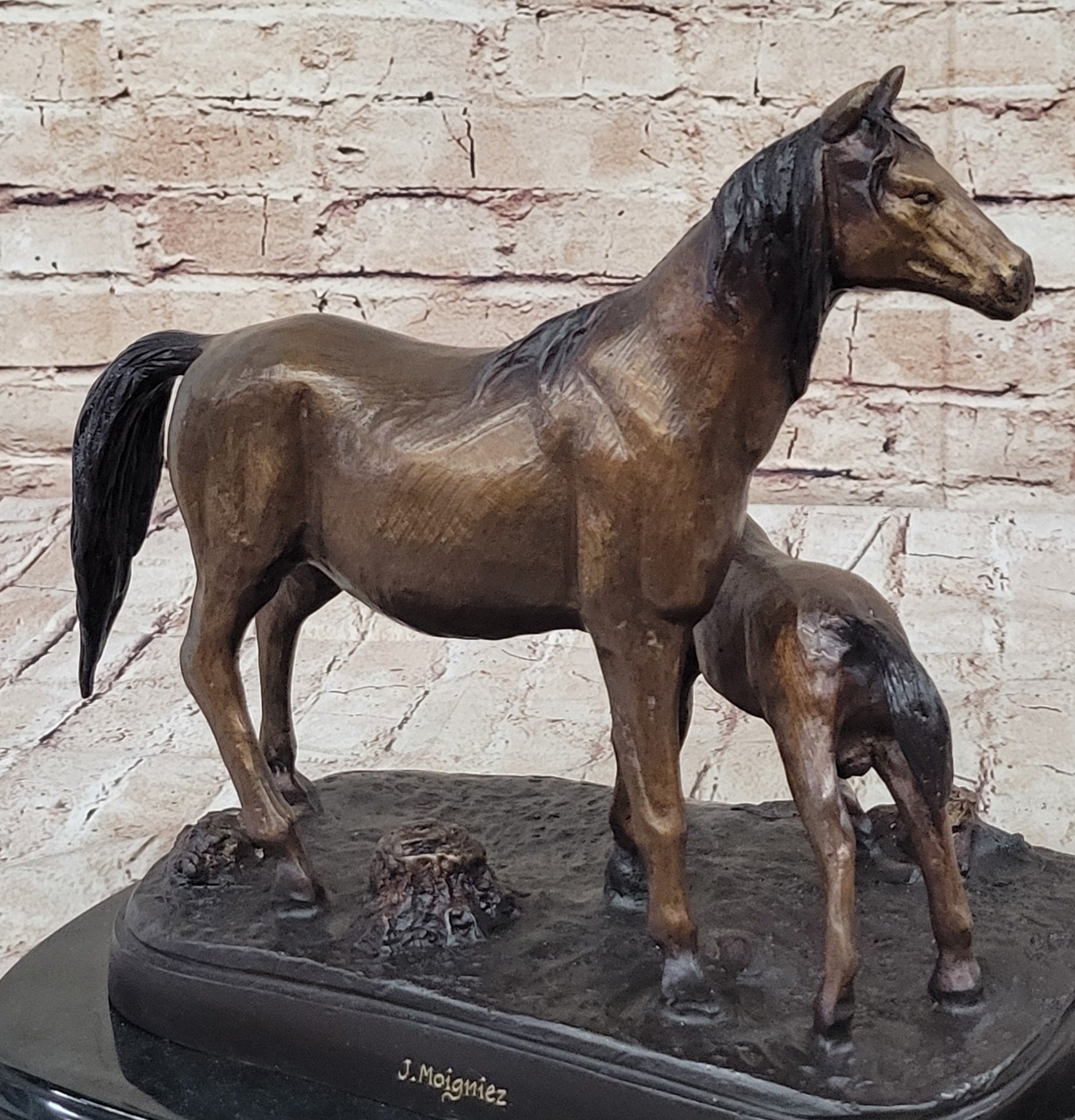 Bronze Sculpture Figurine Mare W/ Her Baby Horse Stallion Farm Art Deco Moigniez