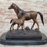 Bronze Sculpture Figurine Mare W/ Her Baby Horse Stallion Farm Art Deco Moigniez
