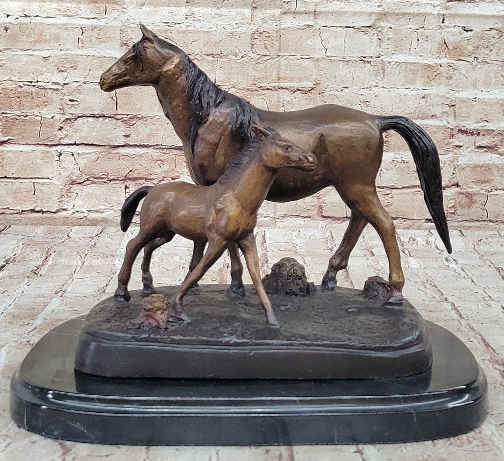 Bronze Sculpture Figurine Mare W/ Her Baby Horse Stallion Farm Art Deco Moigniez