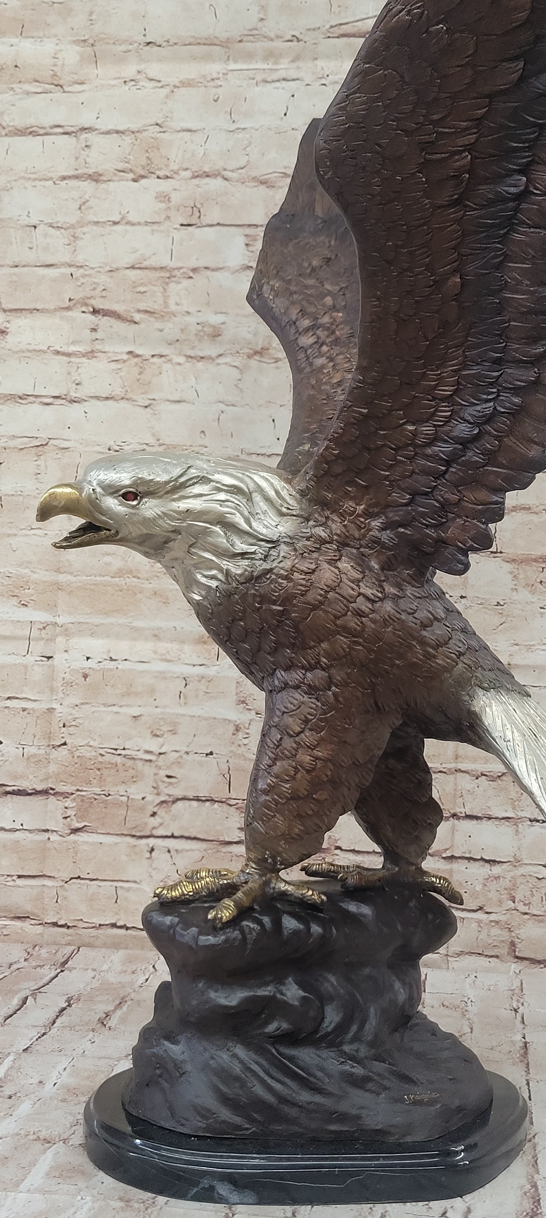 American Bald Eagle Outstretched Wings Bronze Statue Sculpture Figure Marble Base 33" x 19"