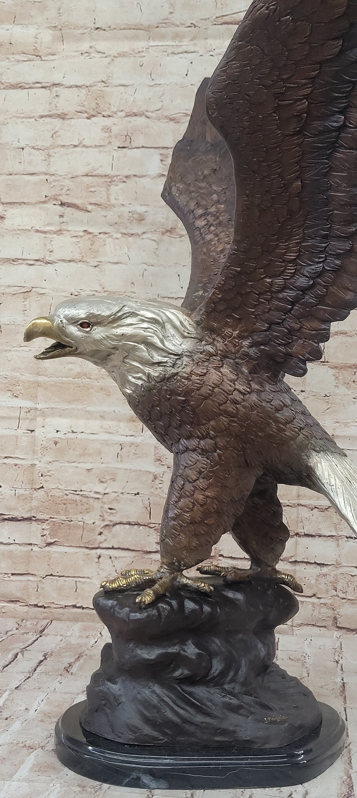 American Bald Eagle Outstretched Wings Bronze Statue Sculpture Figure Marble Base 33" x 19"