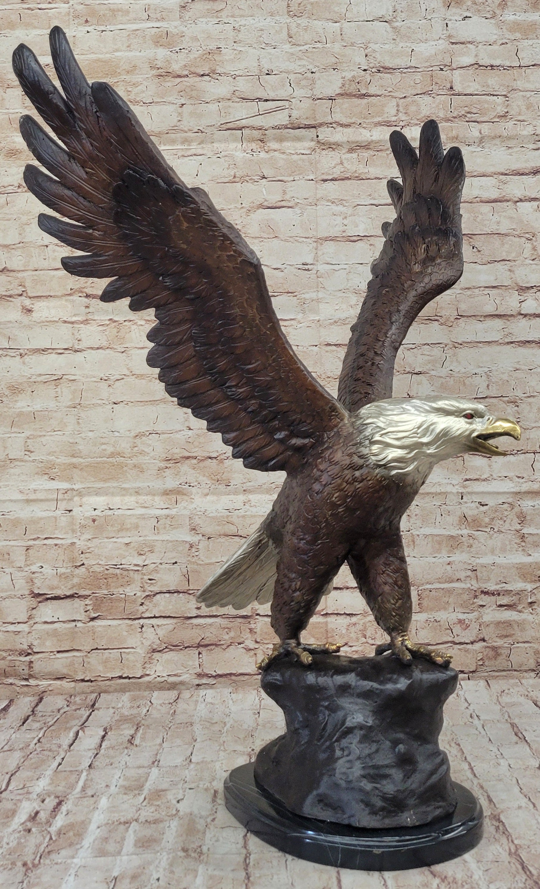 American Bald Eagle Outstretched Wings Bronze Statue Sculpture Figure Marble Base 33" x 19"