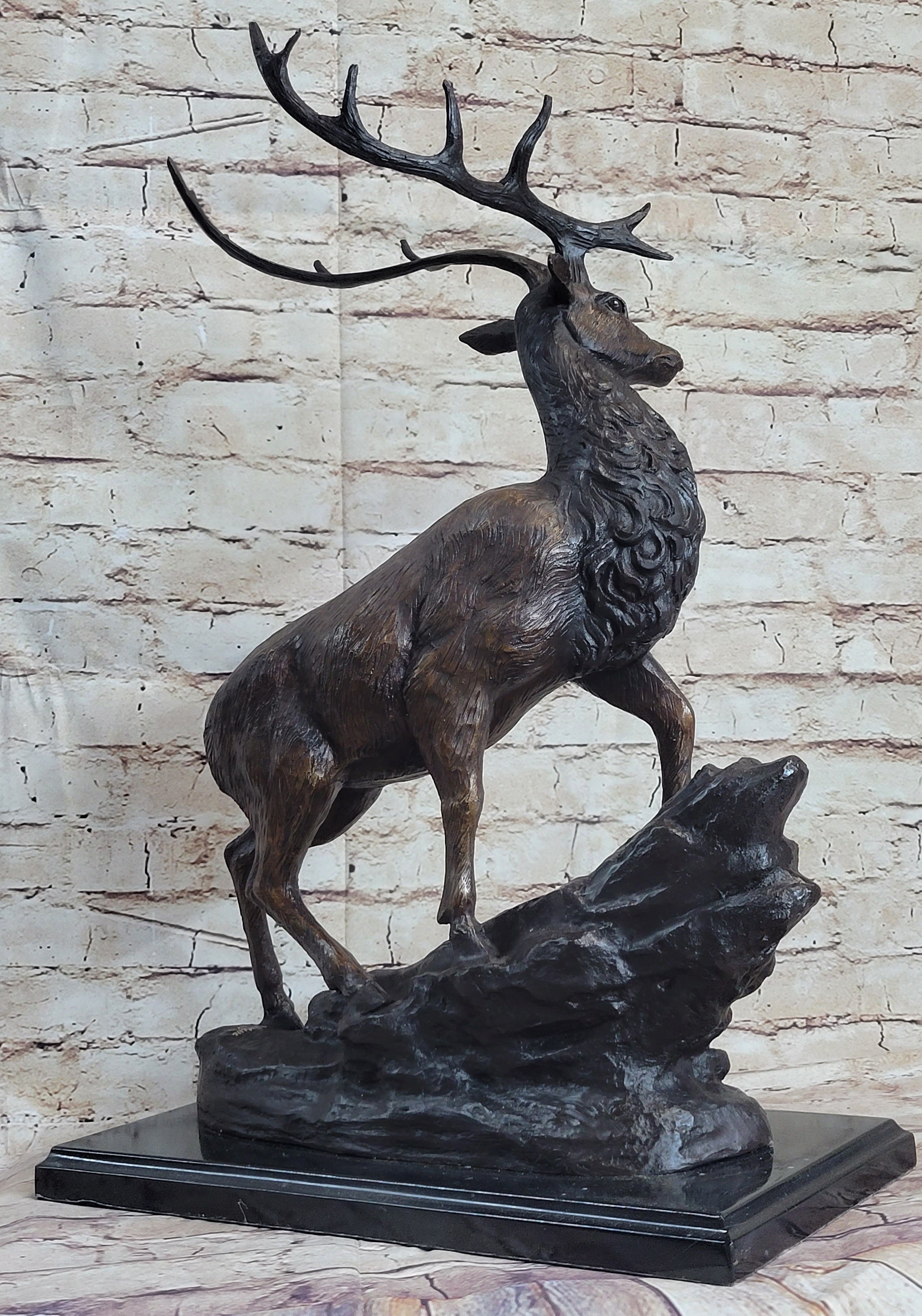 Elk Reindeer Caribou Stag Buck Wildlife Bronze Statue Sculpture on Marble Base