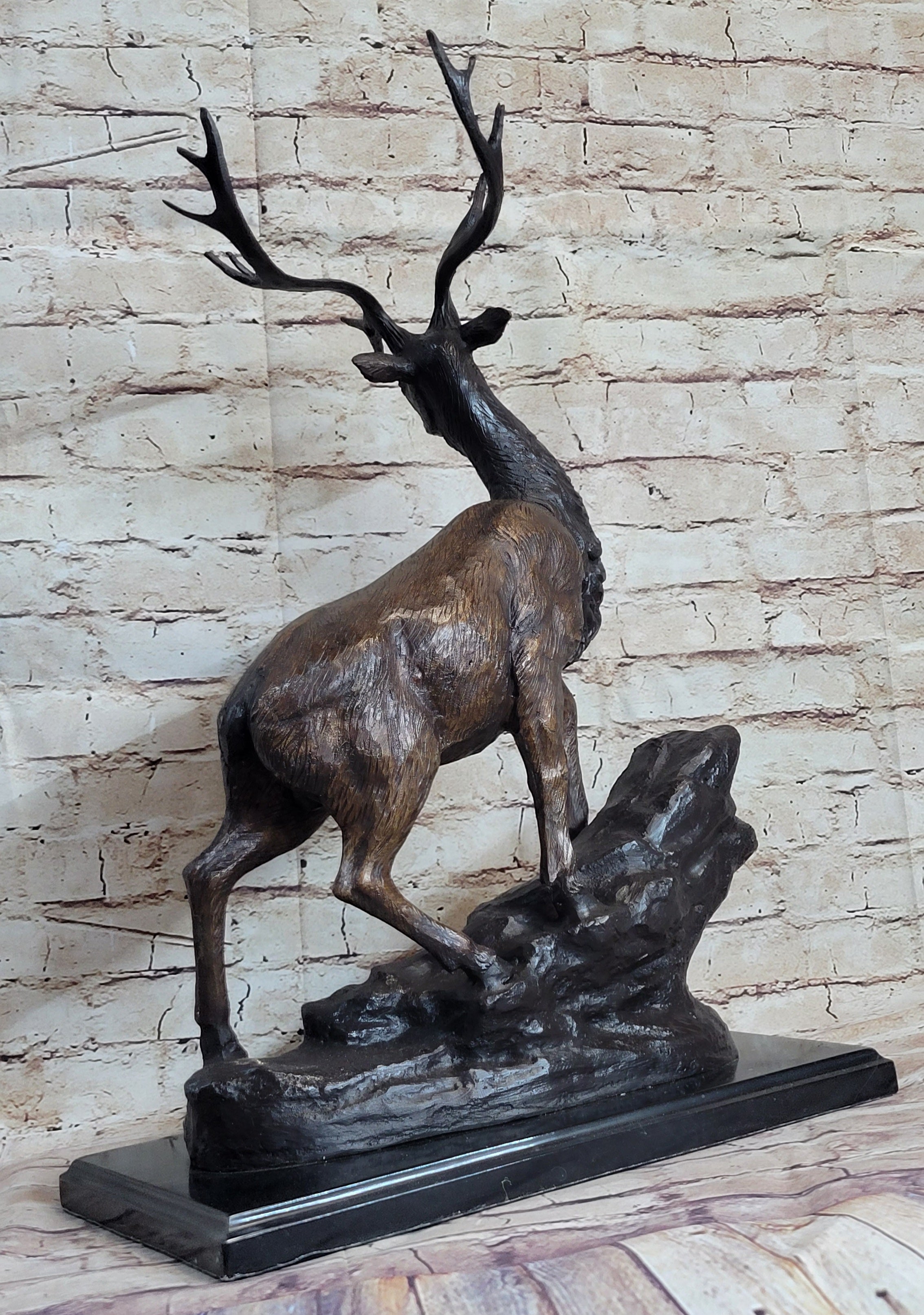 Elk Reindeer Caribou Stag Buck Wildlife Bronze Statue Sculpture on Marble Base