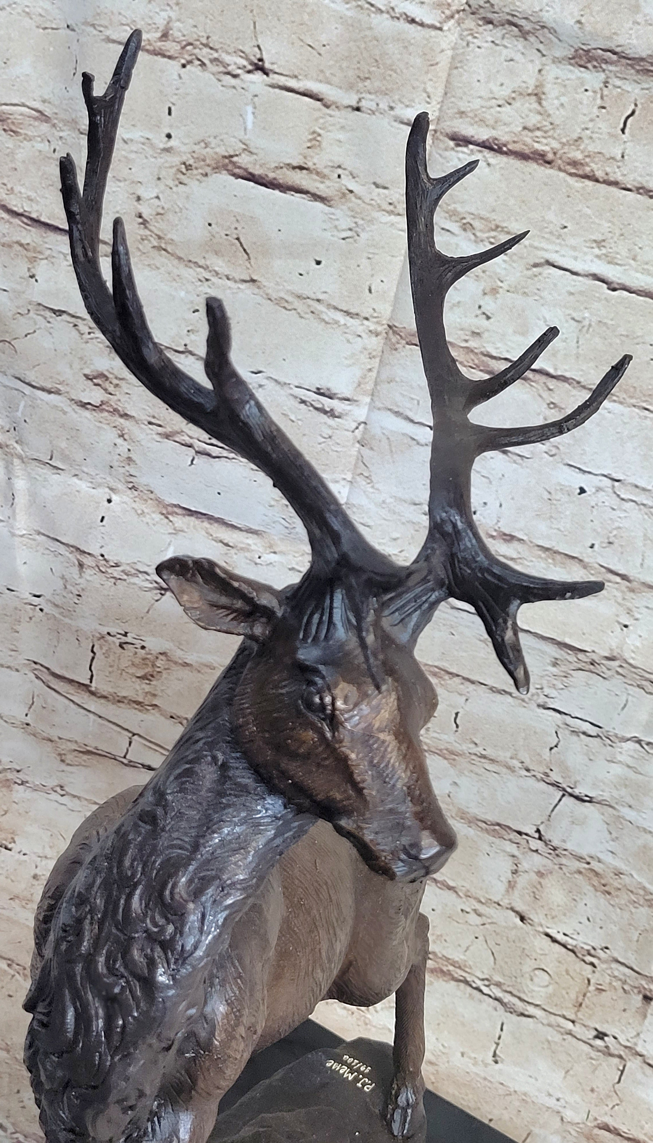 Elk Reindeer Caribou Stag Buck Wildlife Bronze Statue Sculpture on Marble Base