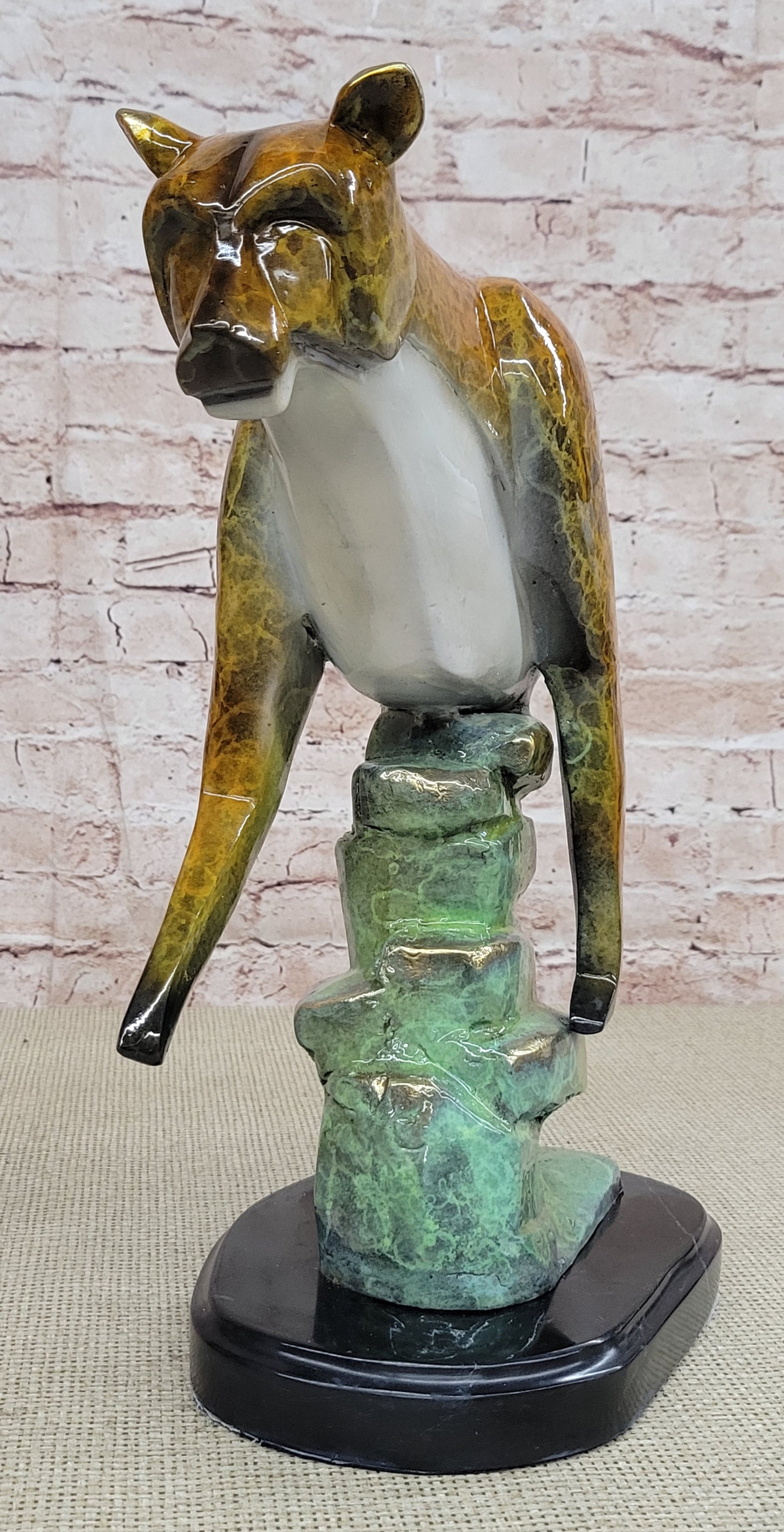 Bronze Metal Cougar Mountain Lion w/ Glazed Patina Finish Statue Sculpture Limited Edition 14" x 10"