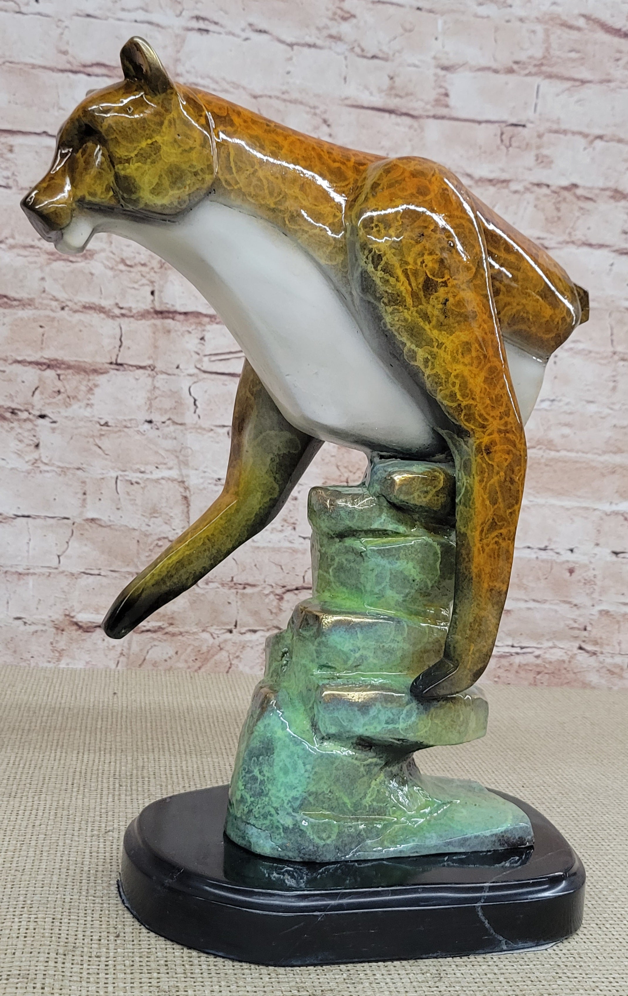 Bronze Metal Cougar Mountain Lion w/ Glazed Patina Finish Statue Sculpture Limited Edition 14" x 10"