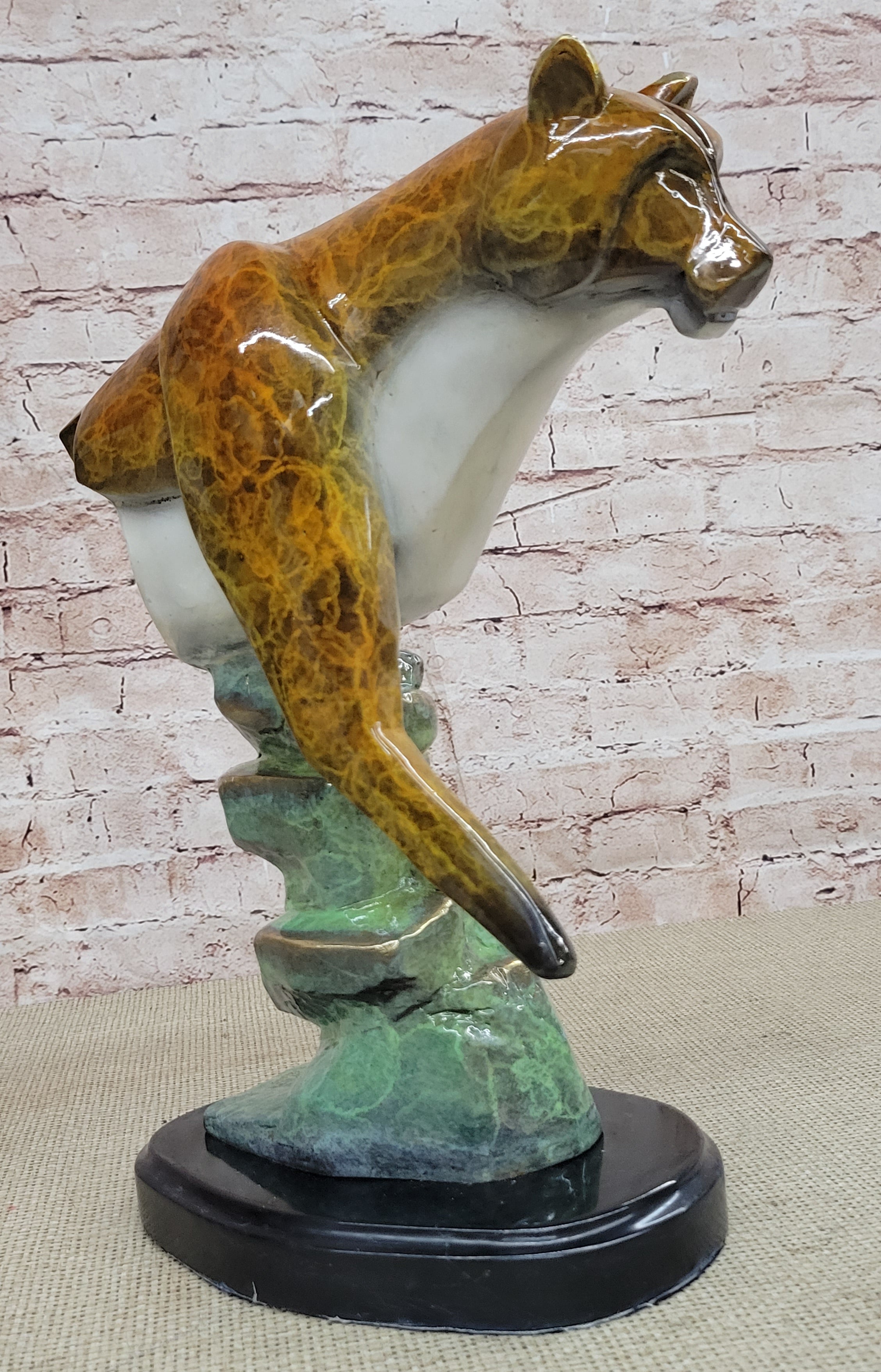 Bronze Metal Cougar Mountain Lion w/ Glazed Patina Finish Statue Sculpture Limited Edition 14" x 10"
