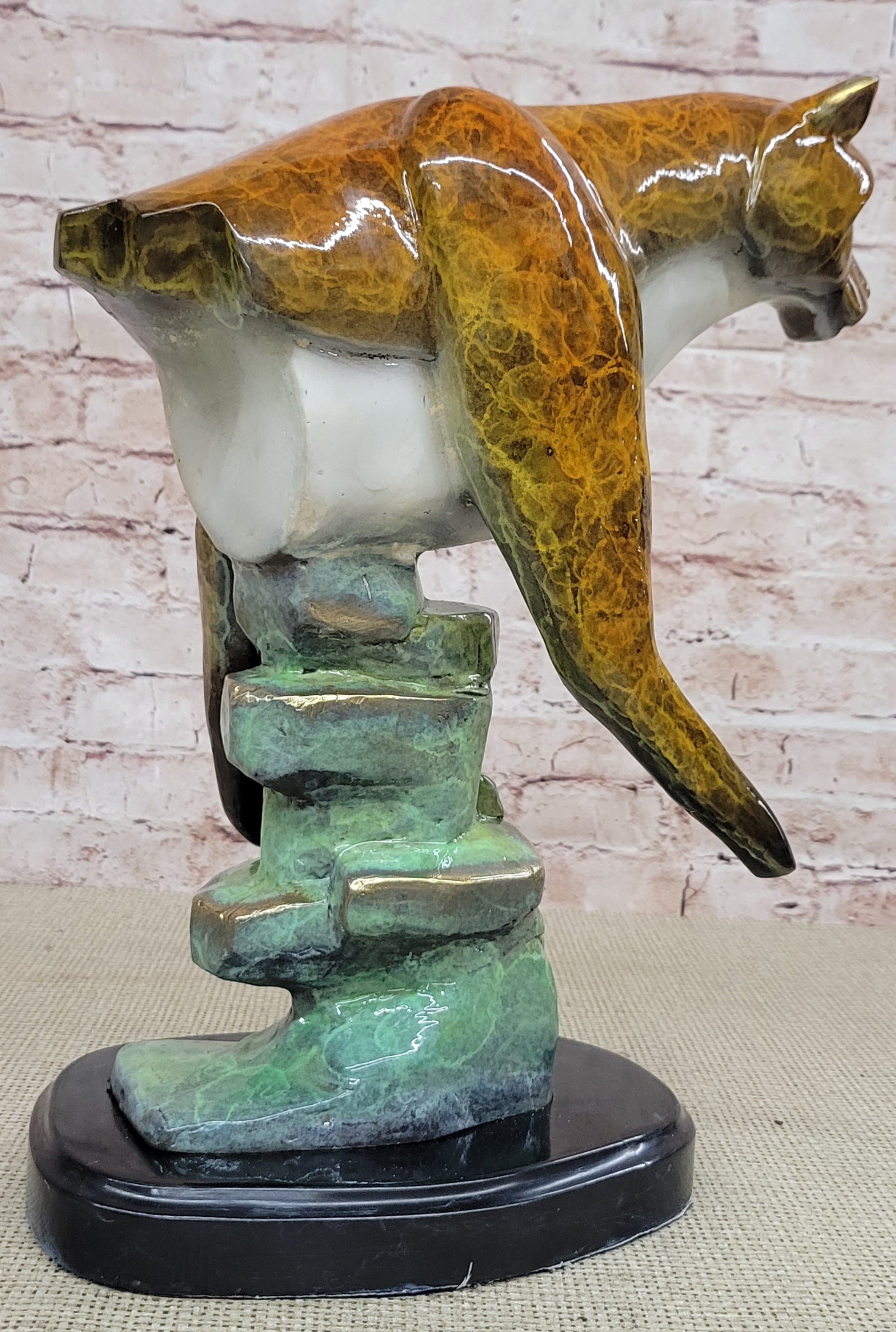 Bronze Metal Cougar Mountain Lion w/ Glazed Patina Finish Statue Sculpture Limited Edition 14" x 10"