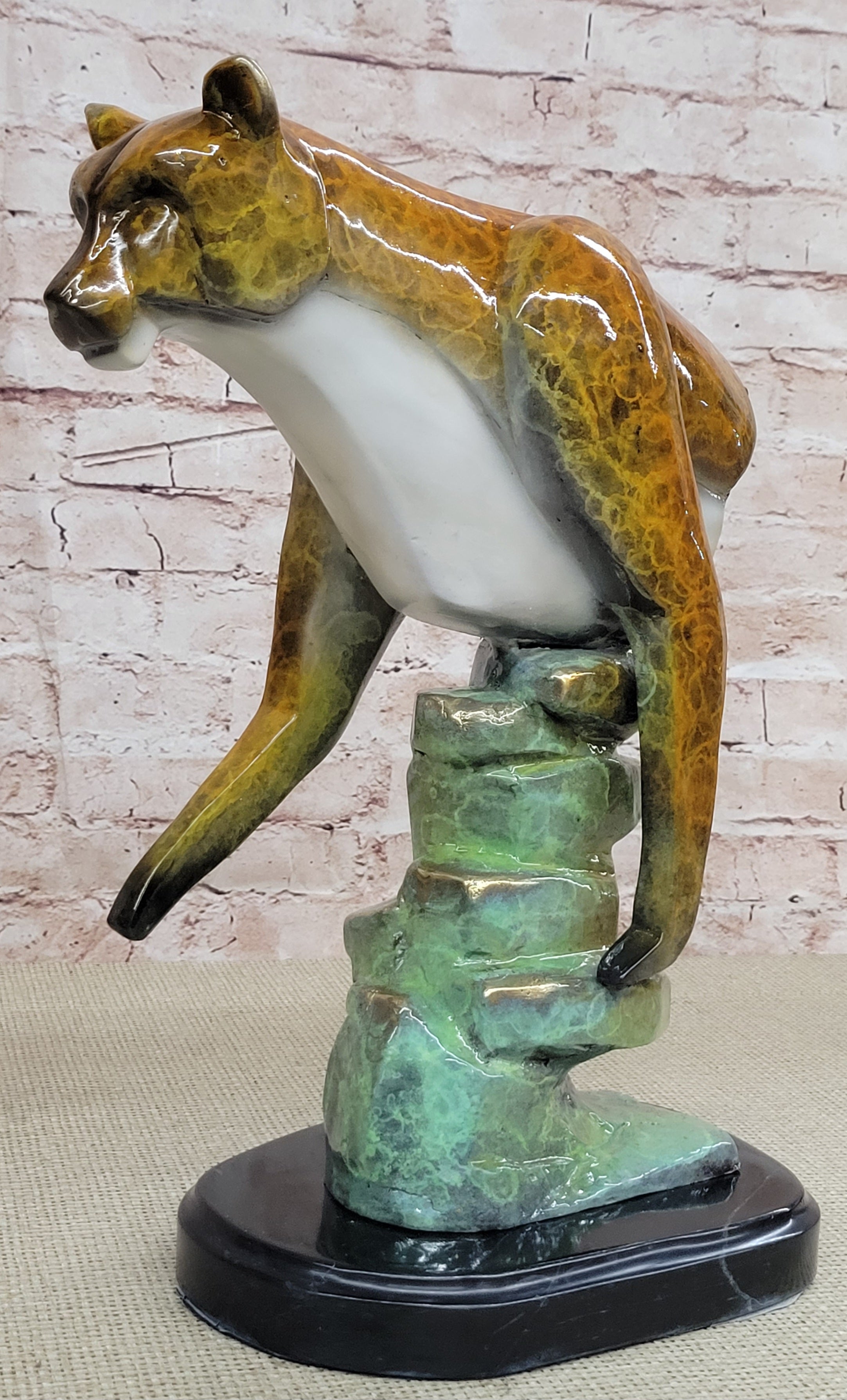 Bronze Metal Cougar Mountain Lion w/ Glazed Patina Finish Statue Sculpture Limited Edition 14" x 10"