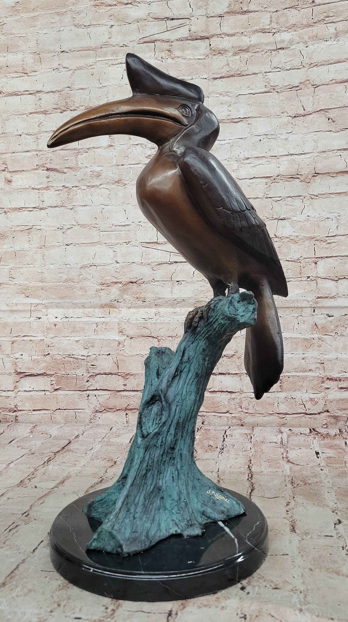 Bronze Hornbill Bird Sculpture by J. Moigniez on Marble Base