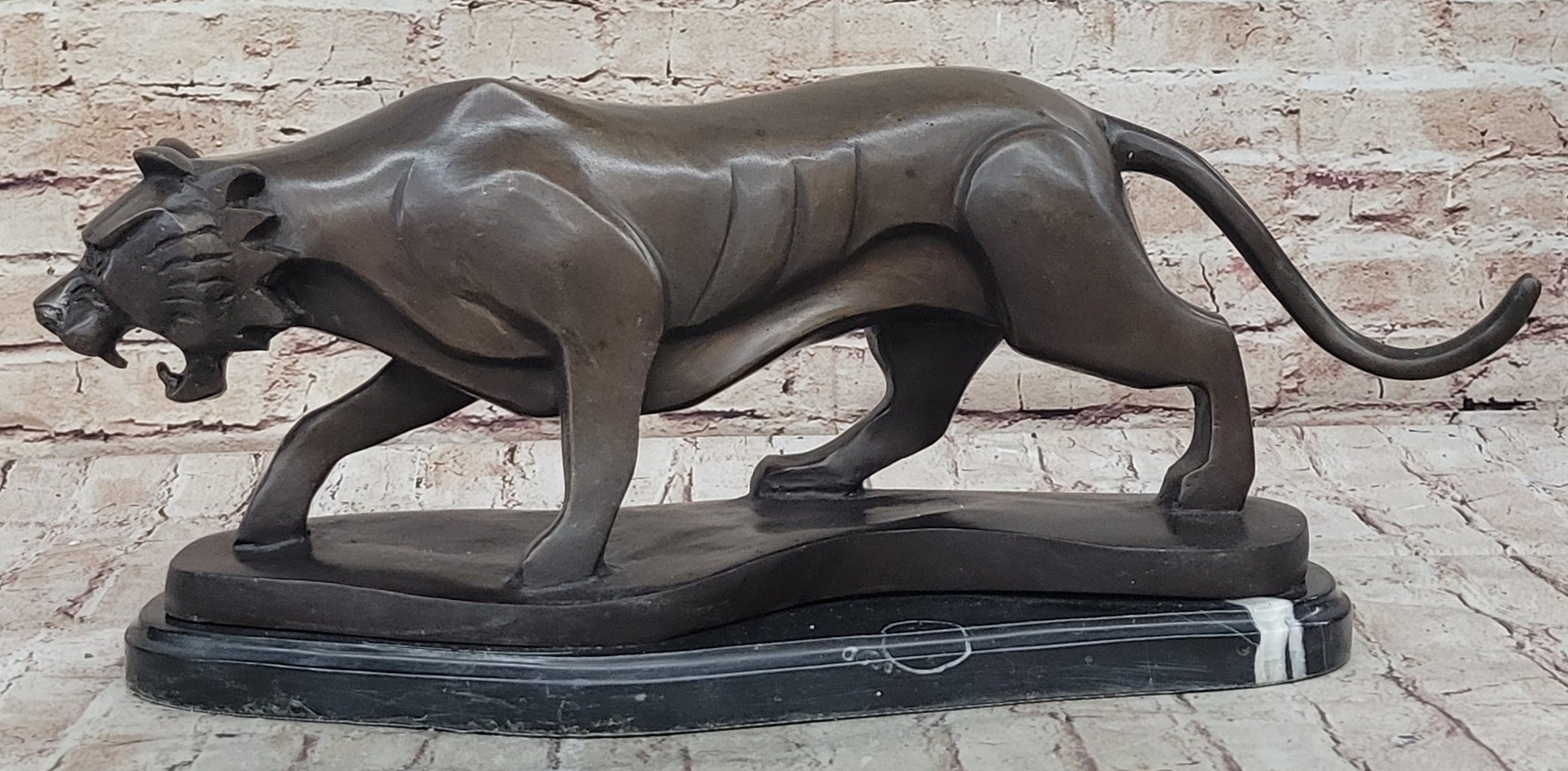 Modern Art Saber Tooth Tiger Bronze Metal Statue Sculpture Collectible Predator 9" x 22"