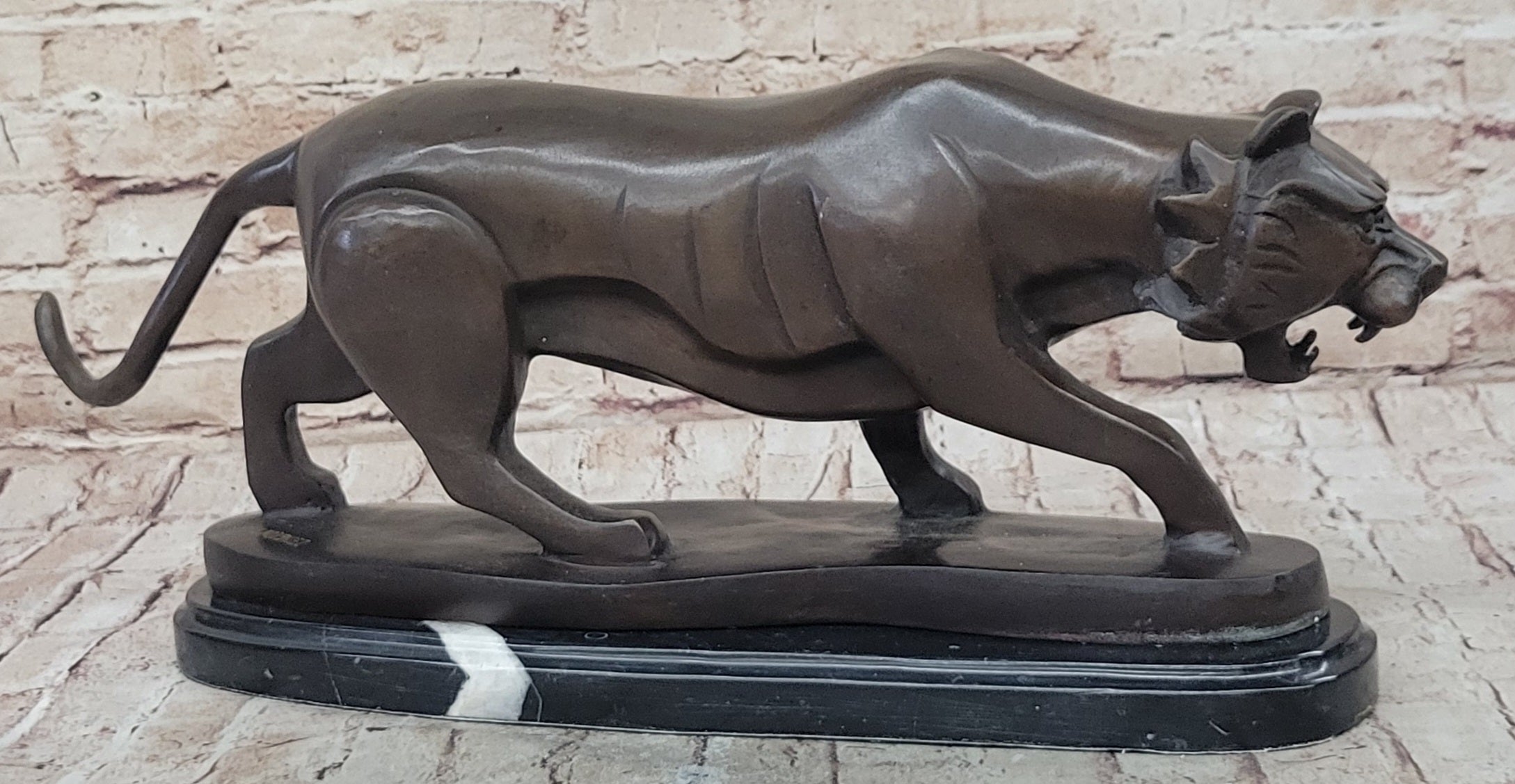 Modern Art Saber Tooth Tiger Bronze Metal Statue Sculpture Collectible Predator 9" x 22"