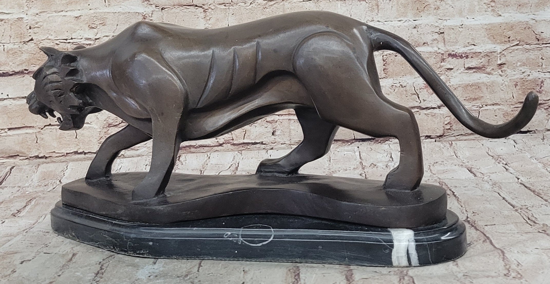 Modern Art Saber Tooth Tiger Bronze Metal Statue Sculpture Collectible Predator 9" x 22"