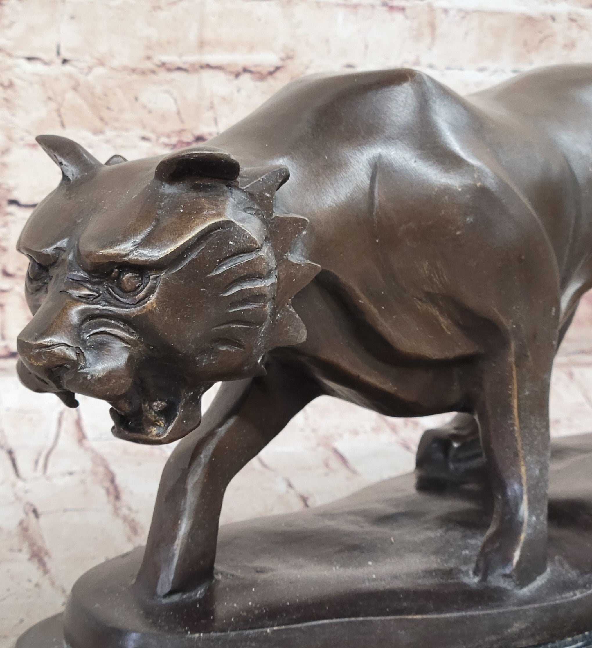 Modern Art Saber Tooth Tiger Bronze Metal Statue Sculpture Collectible Predator 9" x 22"