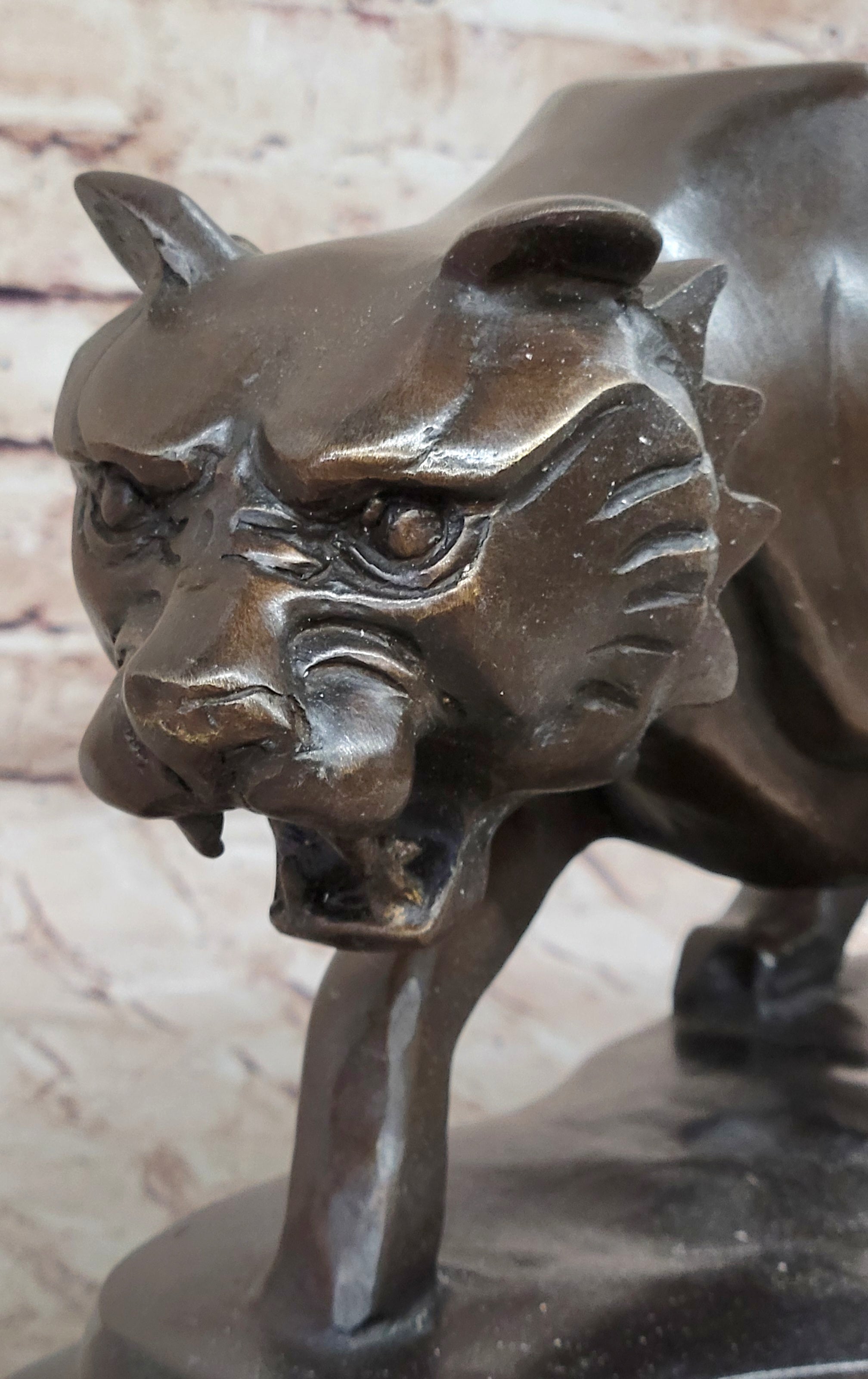 Modern Art Saber Tooth Tiger Bronze Metal Statue Sculpture Collectible Predator 9" x 22"