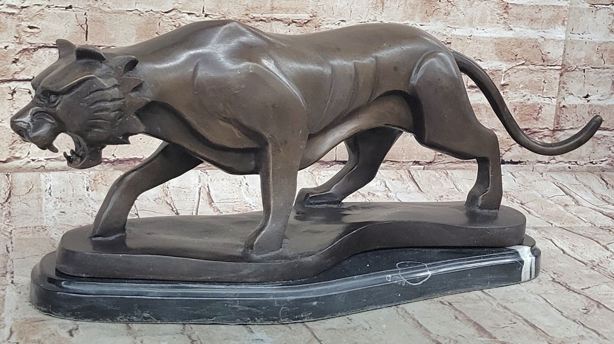 Modern Art Saber Tooth Tiger Bronze Metal Statue Sculpture Collectible Predator 9" x 22"