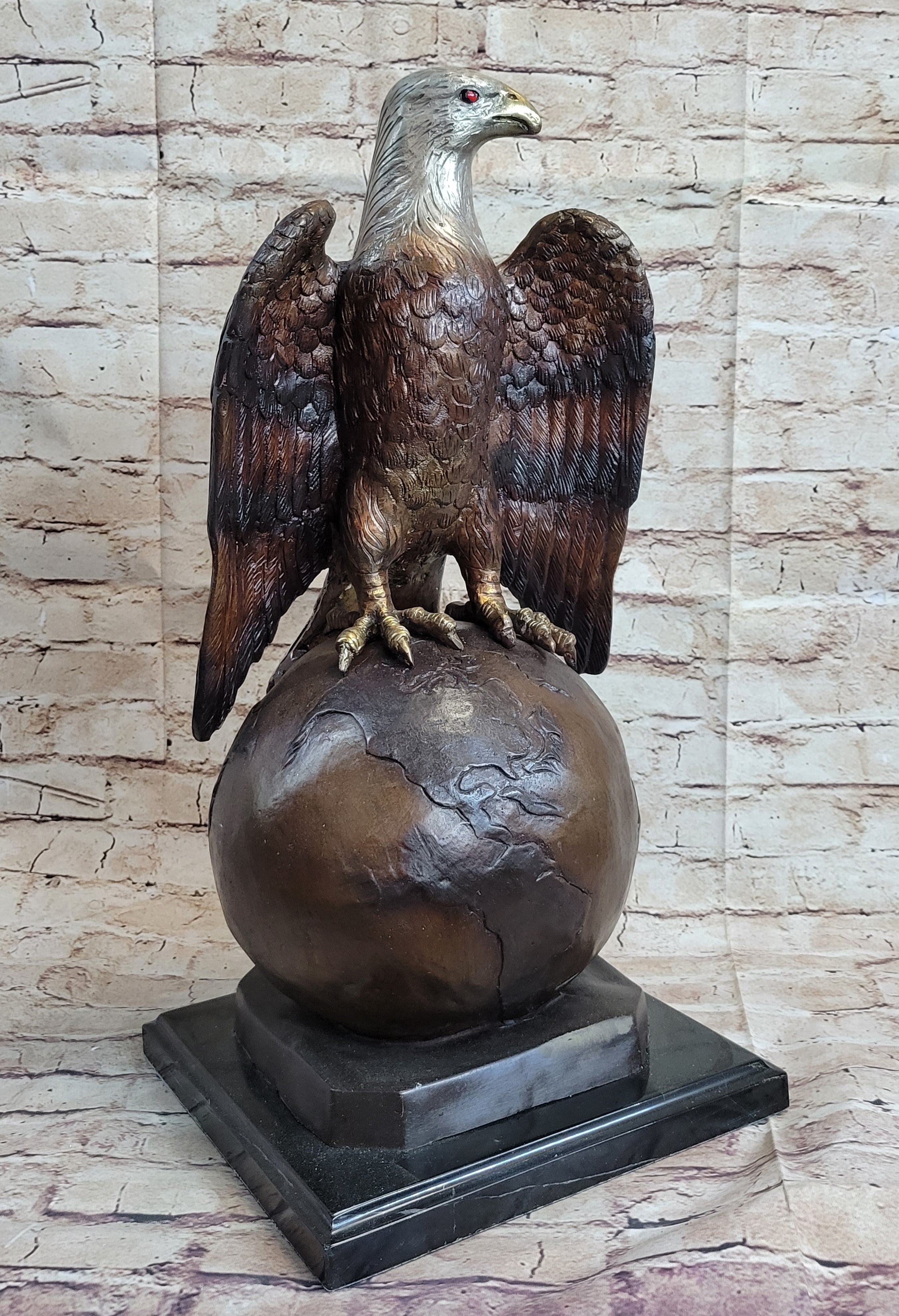 American Bald Eagle Perched on Globe Planet Earth Bronze Statue Sculpture Art