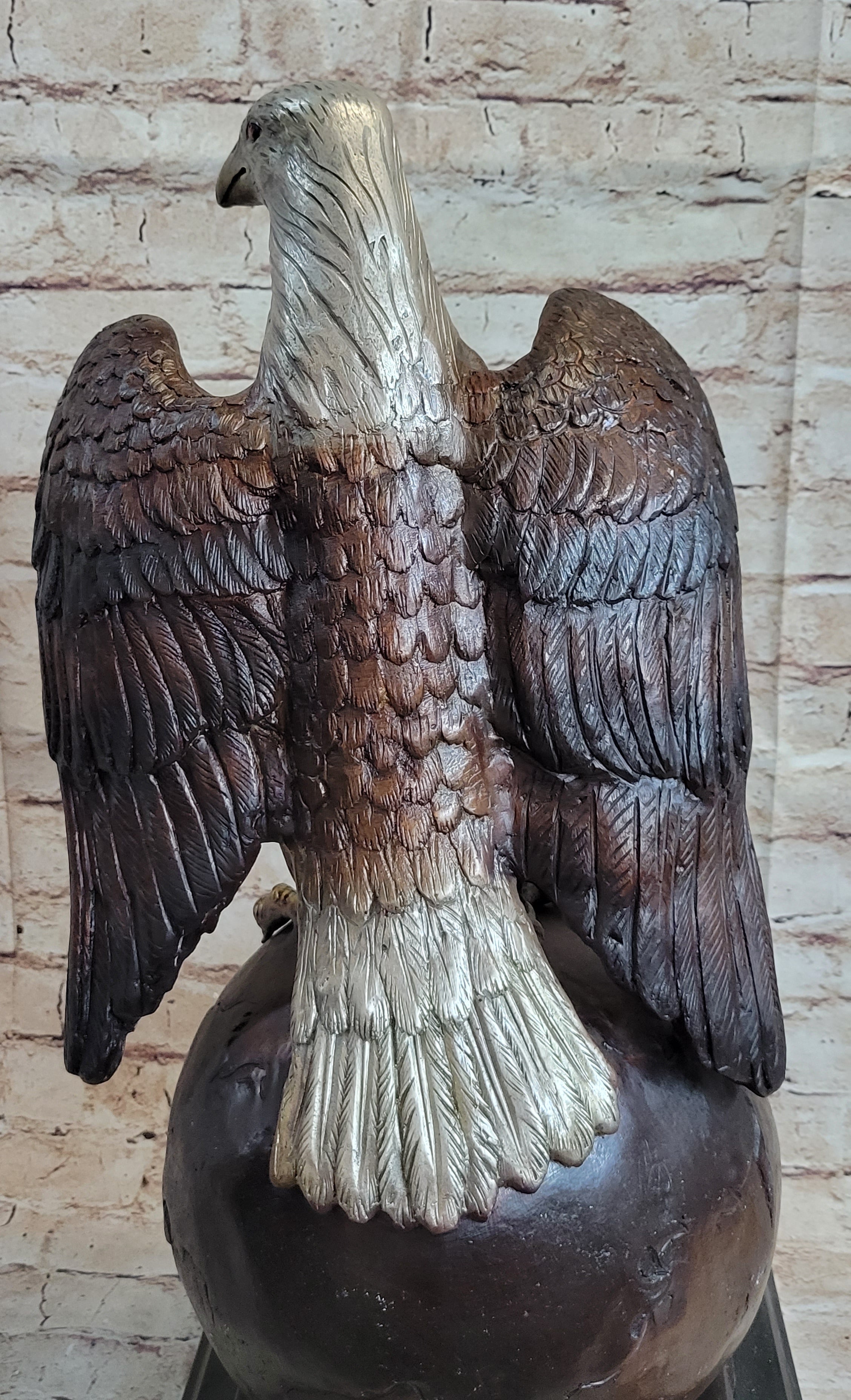 American Bald Eagle Perched on Globe Planet Earth Bronze Statue Sculpture Art