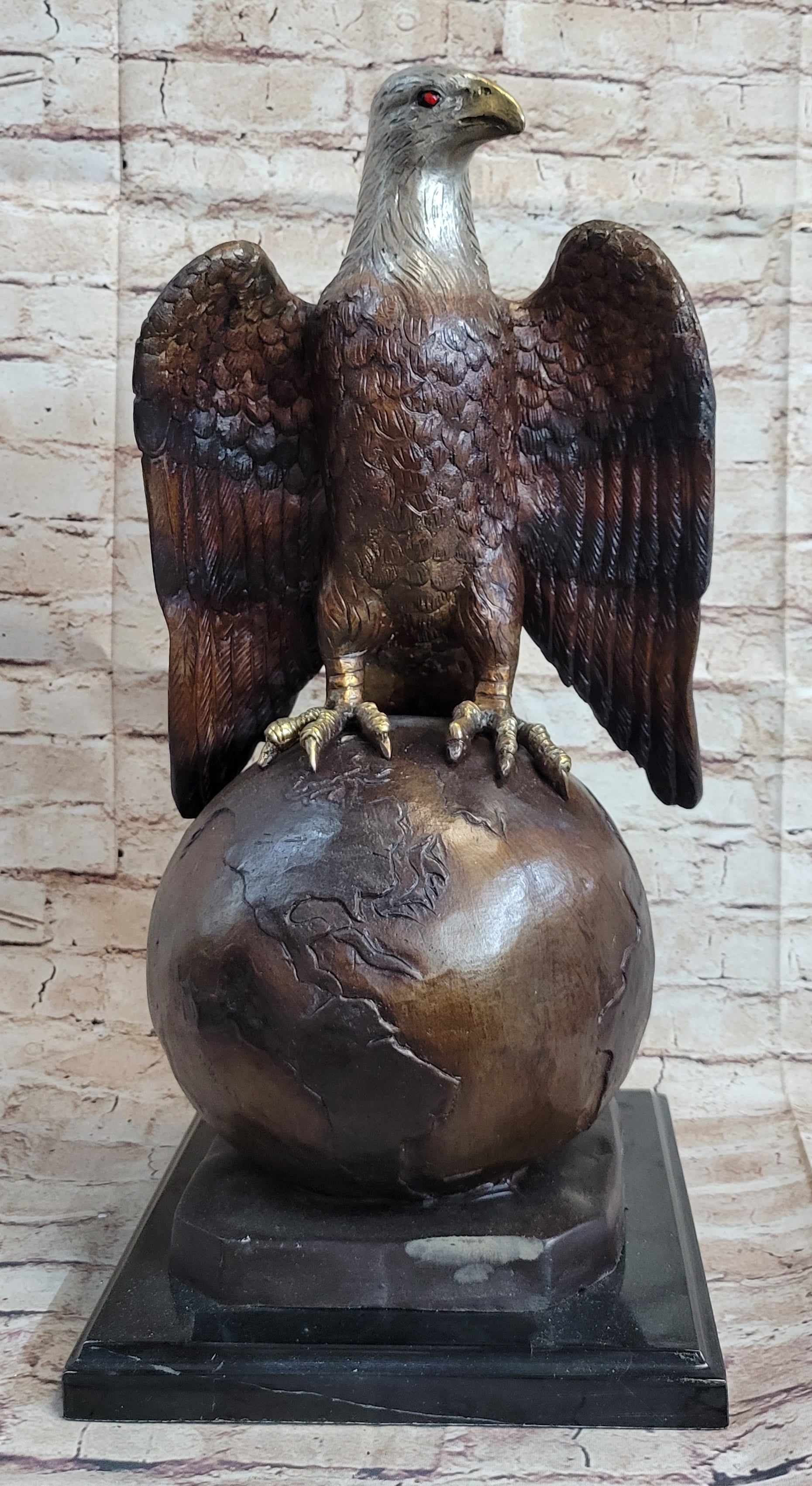 American Bald Eagle Perched on Globe Planet Earth Bronze Statue Sculpture Art