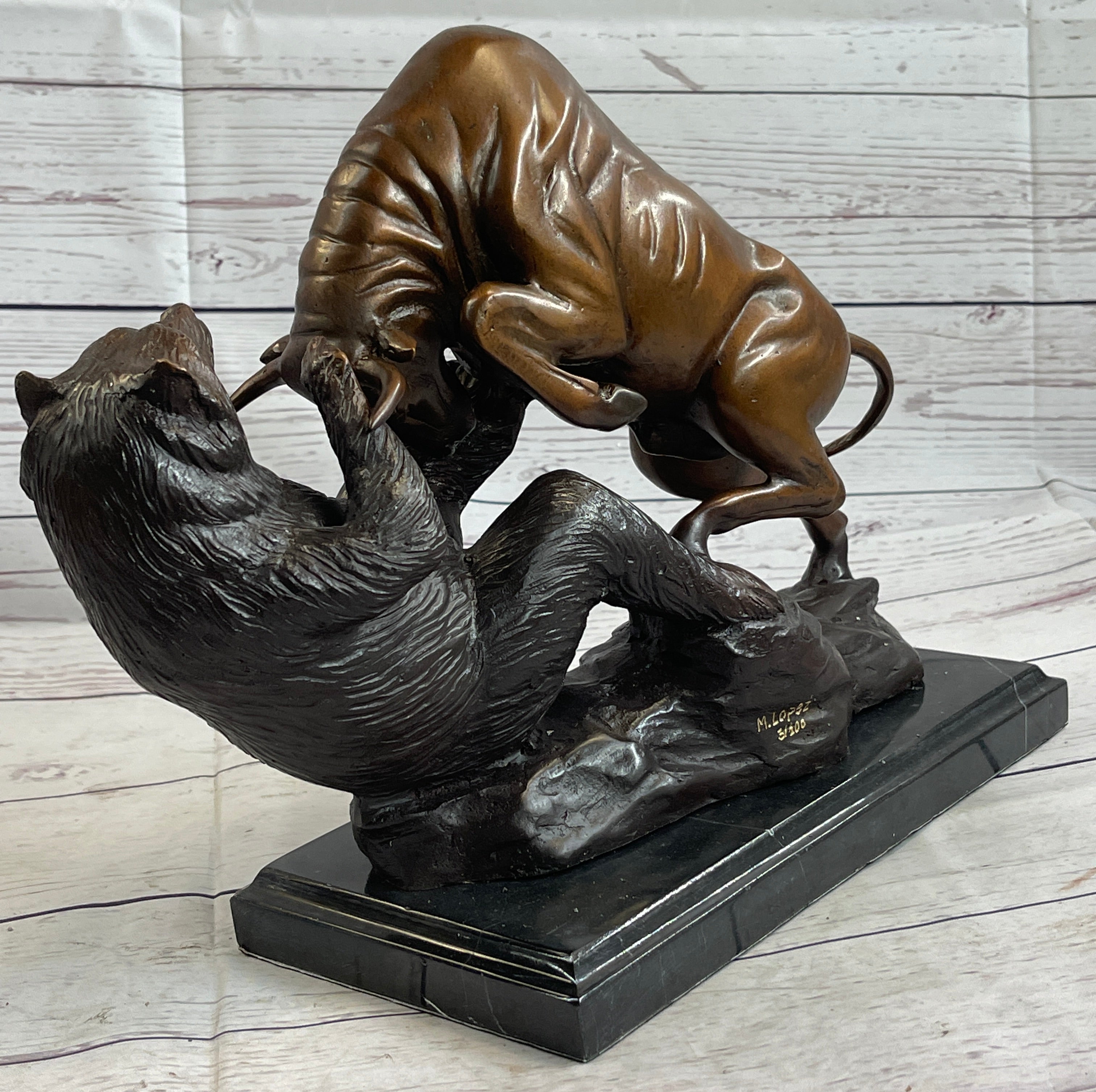 Bull vs Bear Bronze Metal Statue Sculpture Decor Stock Market 10" x 13"